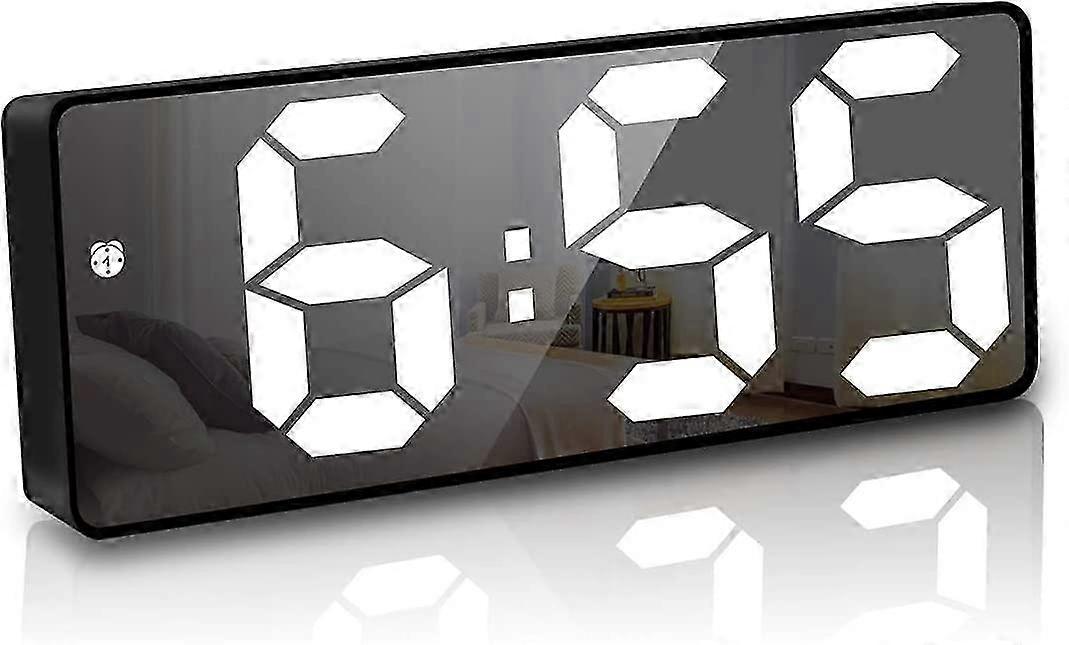 6.7" LED Digital Mirror Clock Bedside Alarm Clock Morning, Voice Activated/Non Ticking/Snooze/Temperature/Datetime Adjustable Brightness, Black
