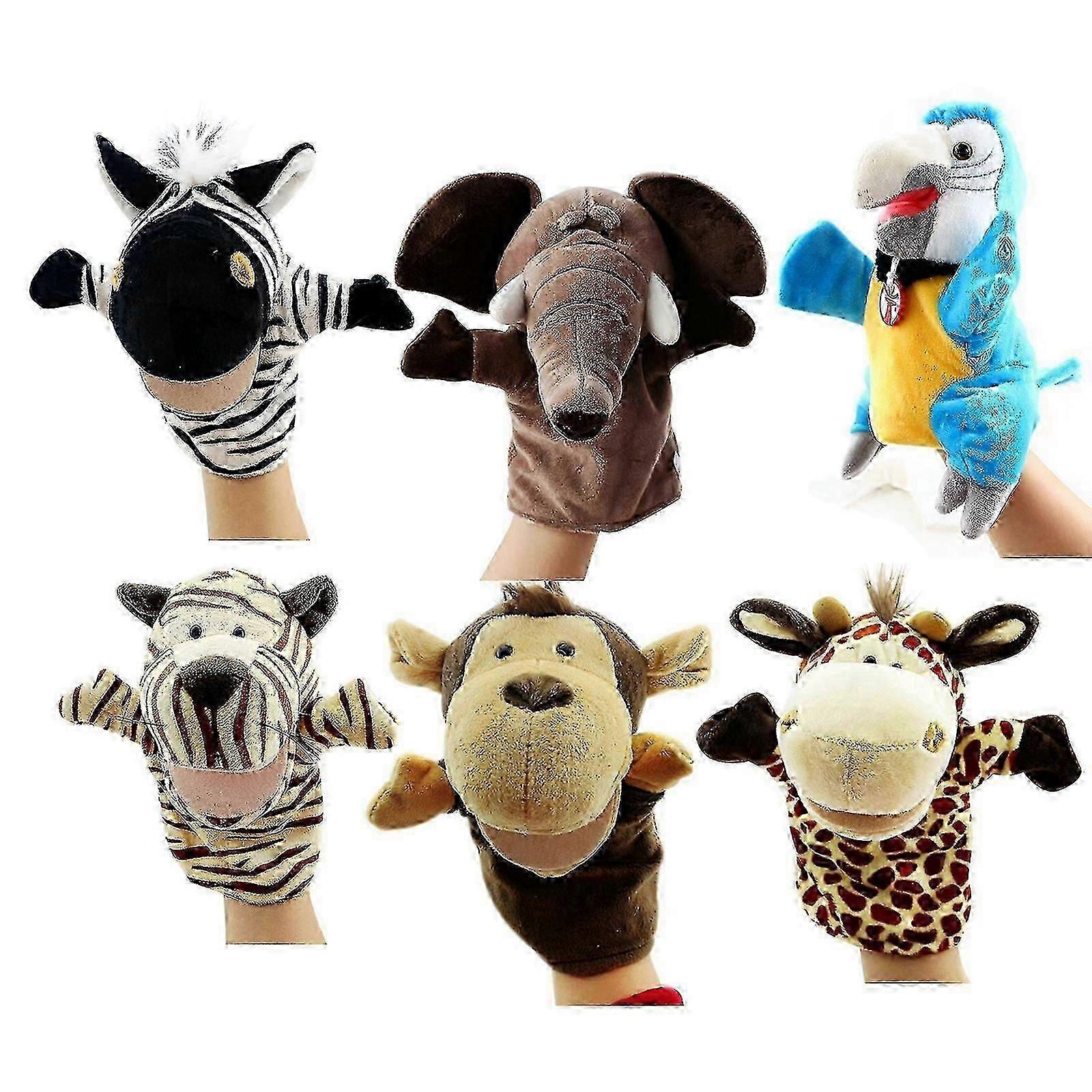 Set of 6 Animal Hand Puppets Featuring Elephant, Tiger, Parrot, Giraffe, Monkey and Zebra Designs