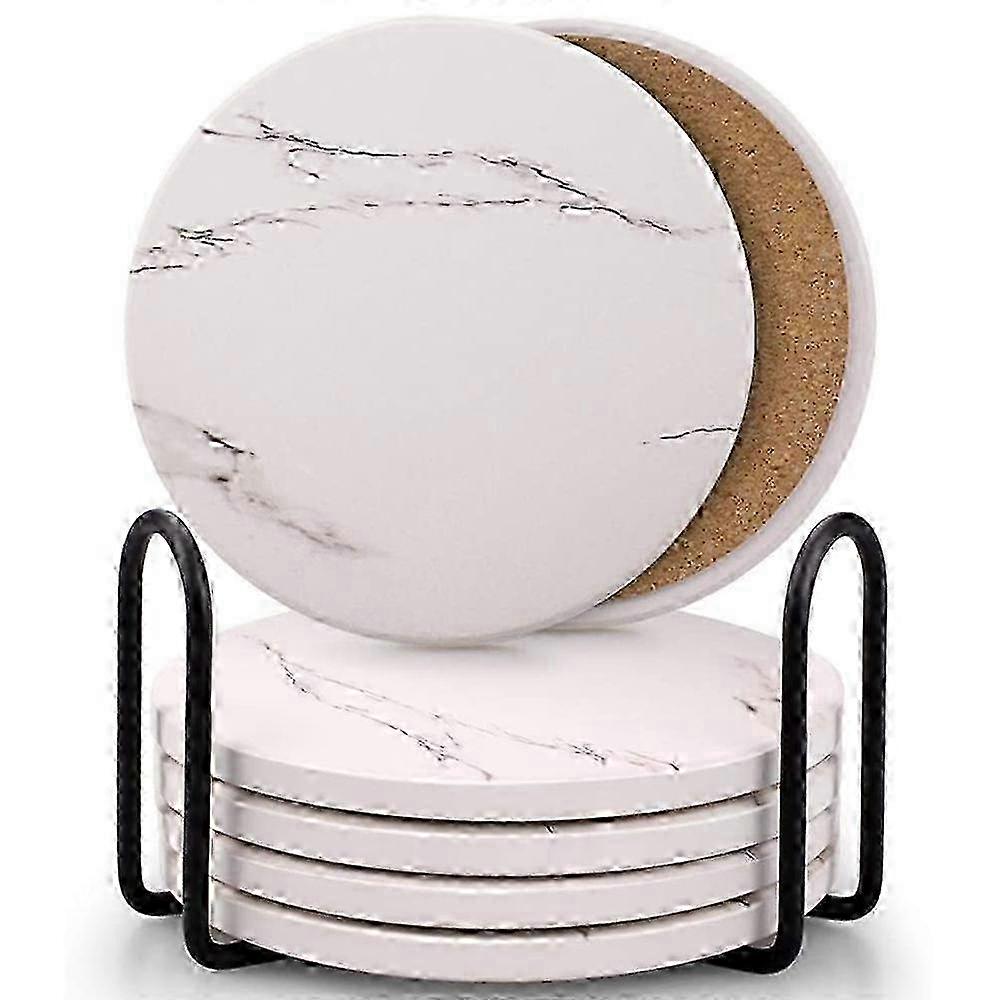 White Ceramic Drink Coasters Set with Cork Base & Metal Stand, Patterned Surface for Home & Office Use