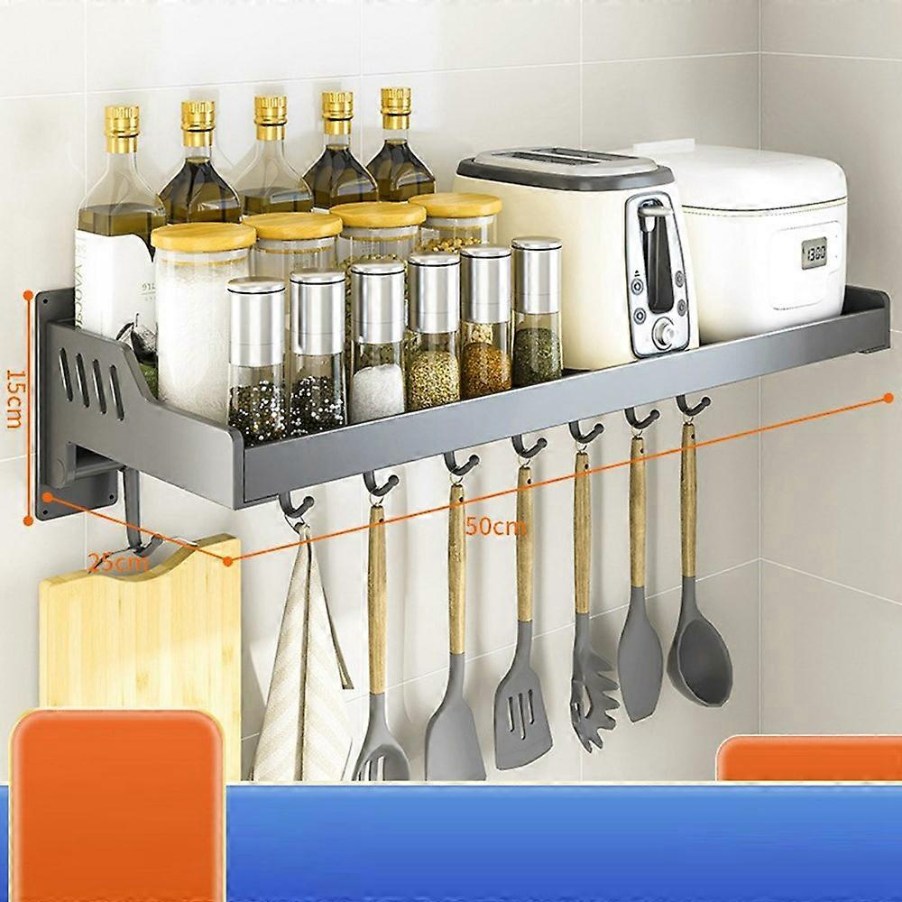 25x50cm Kitchen Storage Rack Wall Mounted Spice Organizer Holder with Hooks