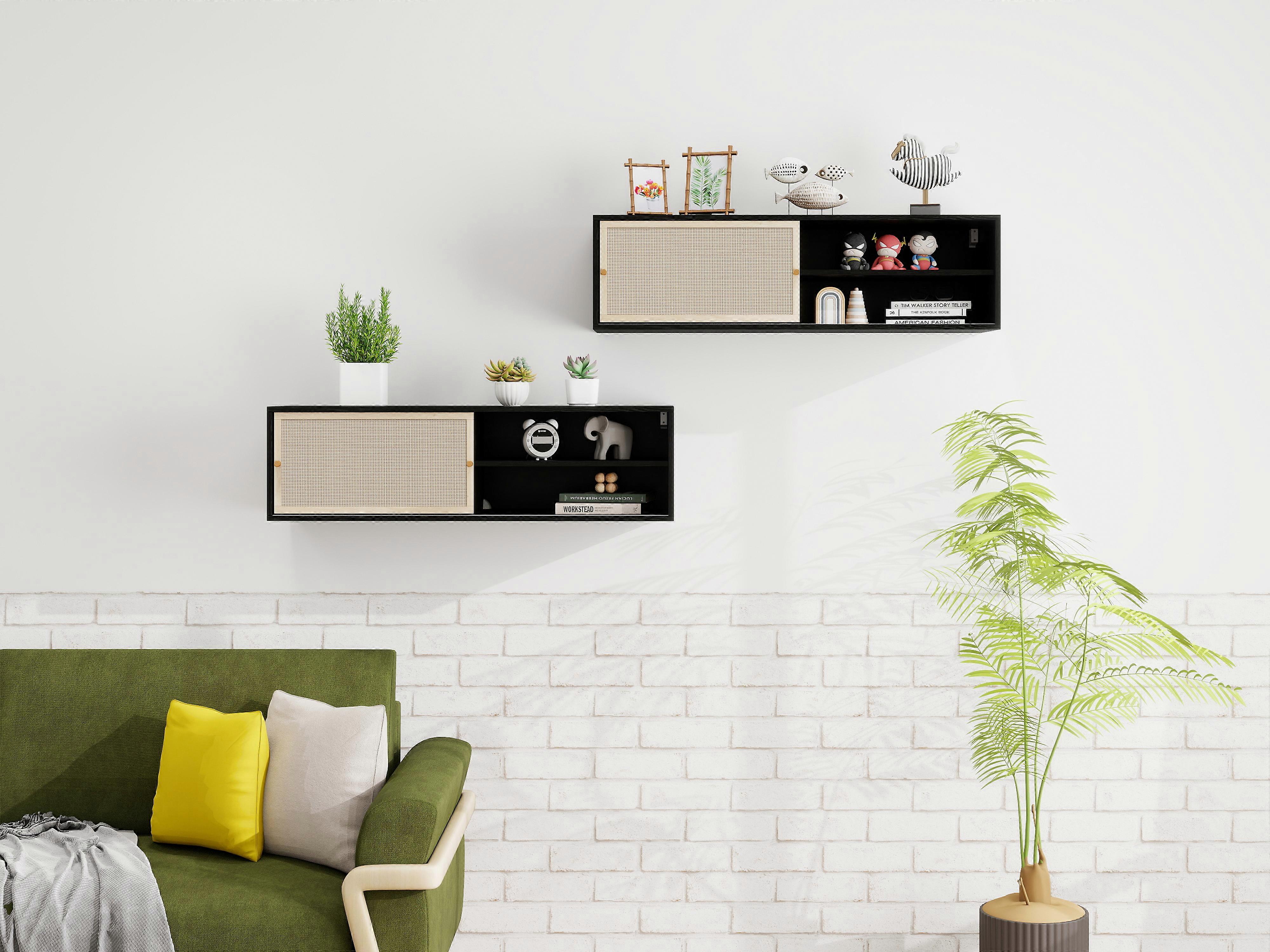 Black Rectangular Wall Cabinet Sliding Doors Rattan Weave 110cm