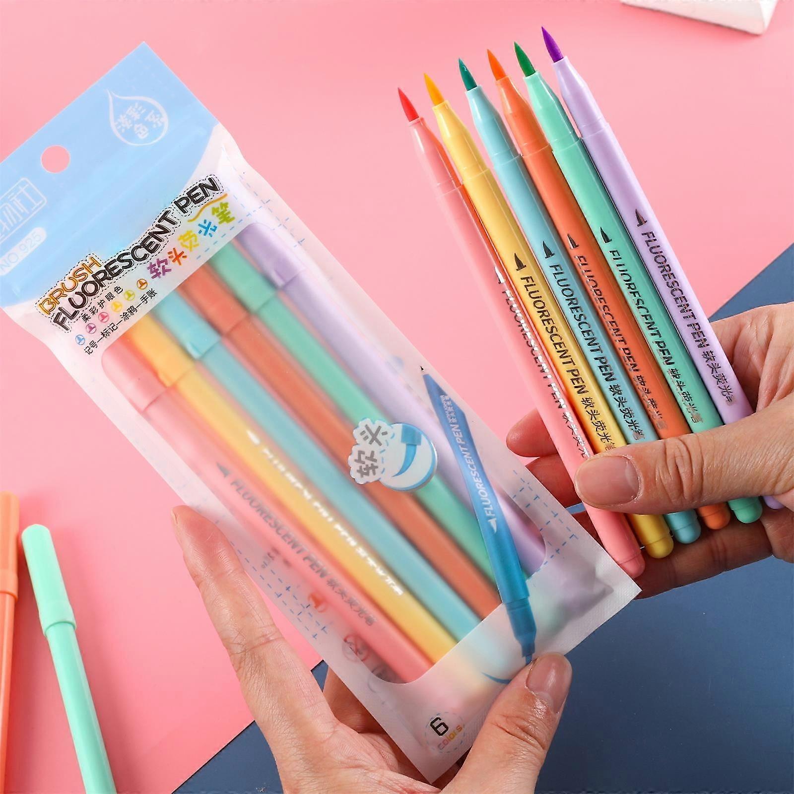 6 Pcs Candy Color Fluorescent Markers, Soft Tip Highlighters Set - Compatible with School & Office Use