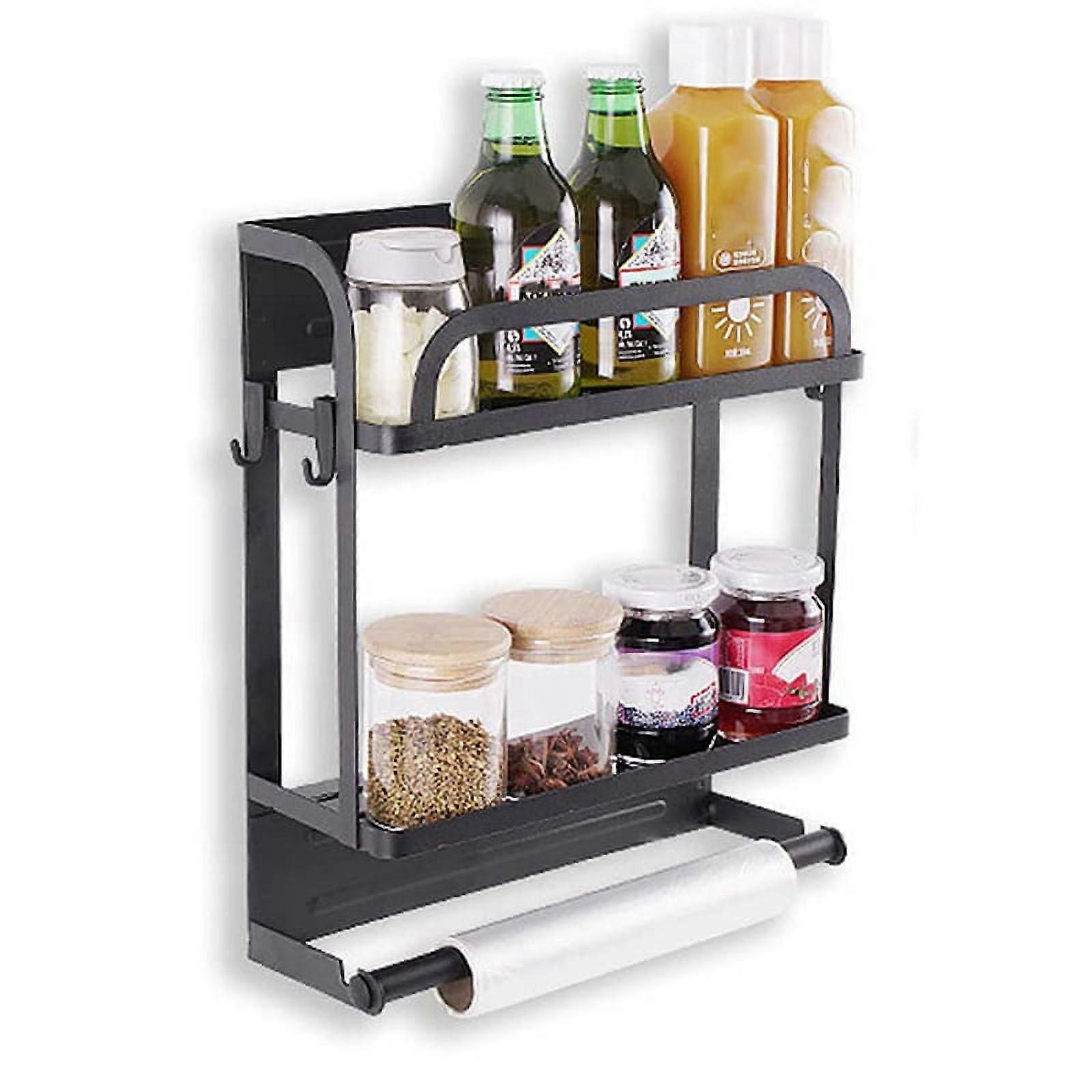 Magnetic Spice Rack Organizer 2 Tier Refrigerator Storage Shelf with Paper Towel Holder and Removable Hooks