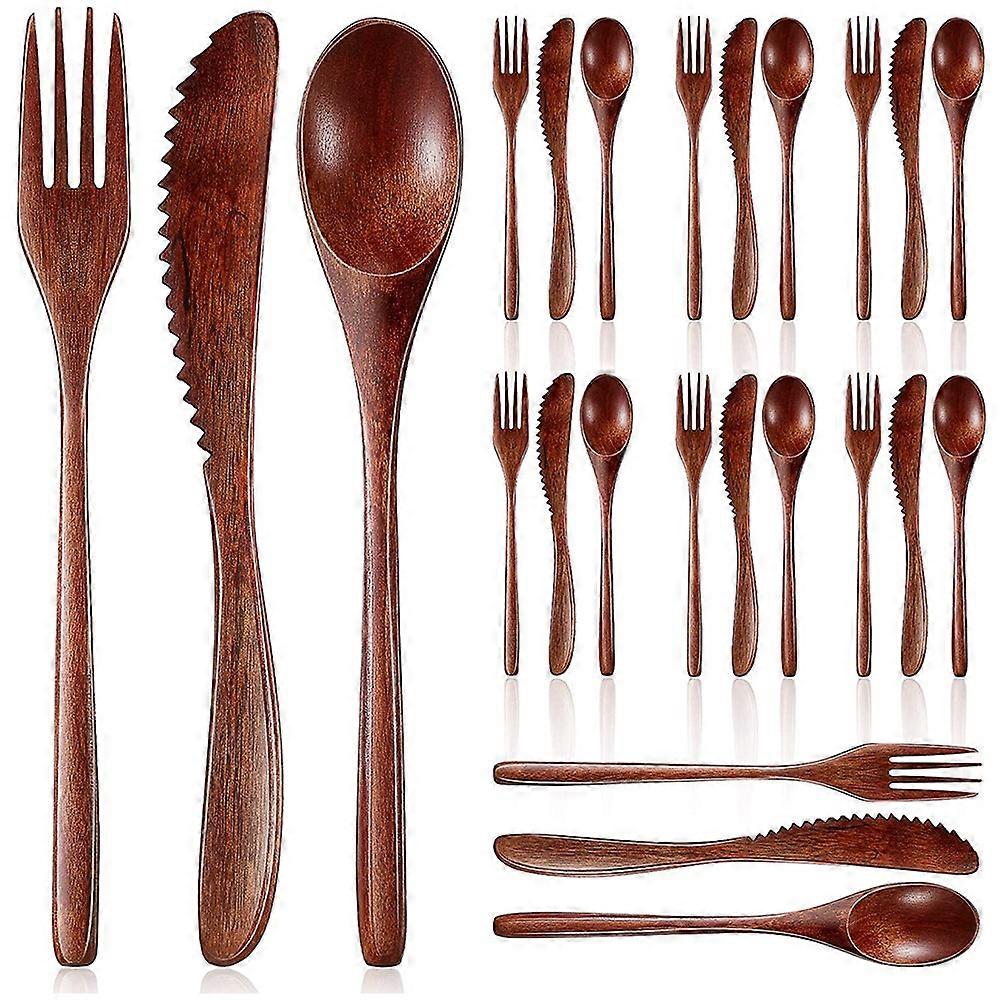 Wooden Spoon Fork Knife Cutlery Set Kitchen Flatware Set (24 Pieces)