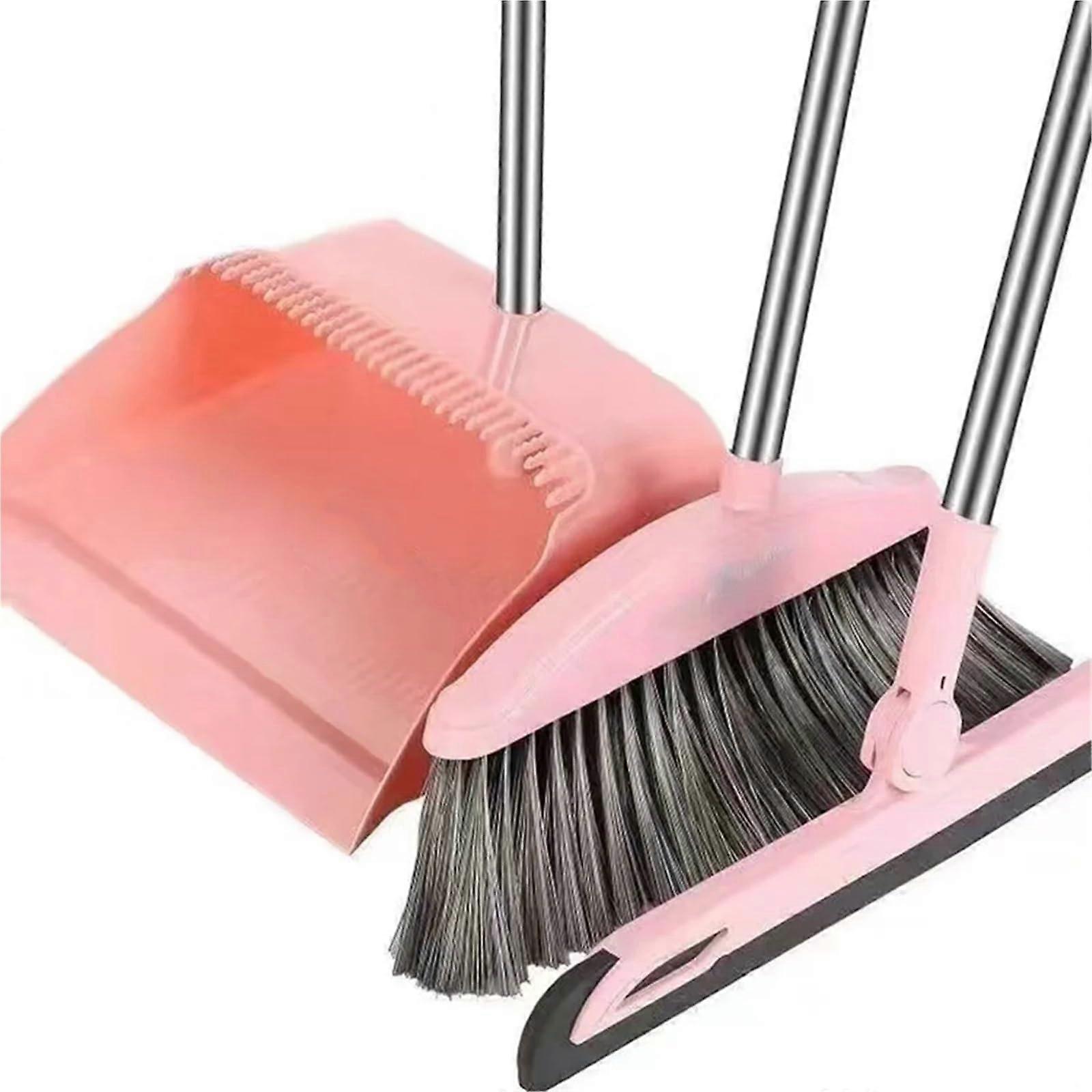 Dustpan and Broom Set with Long Handle Floor Wiper for Kitchen, Lobby, Yard, Driveway Pink