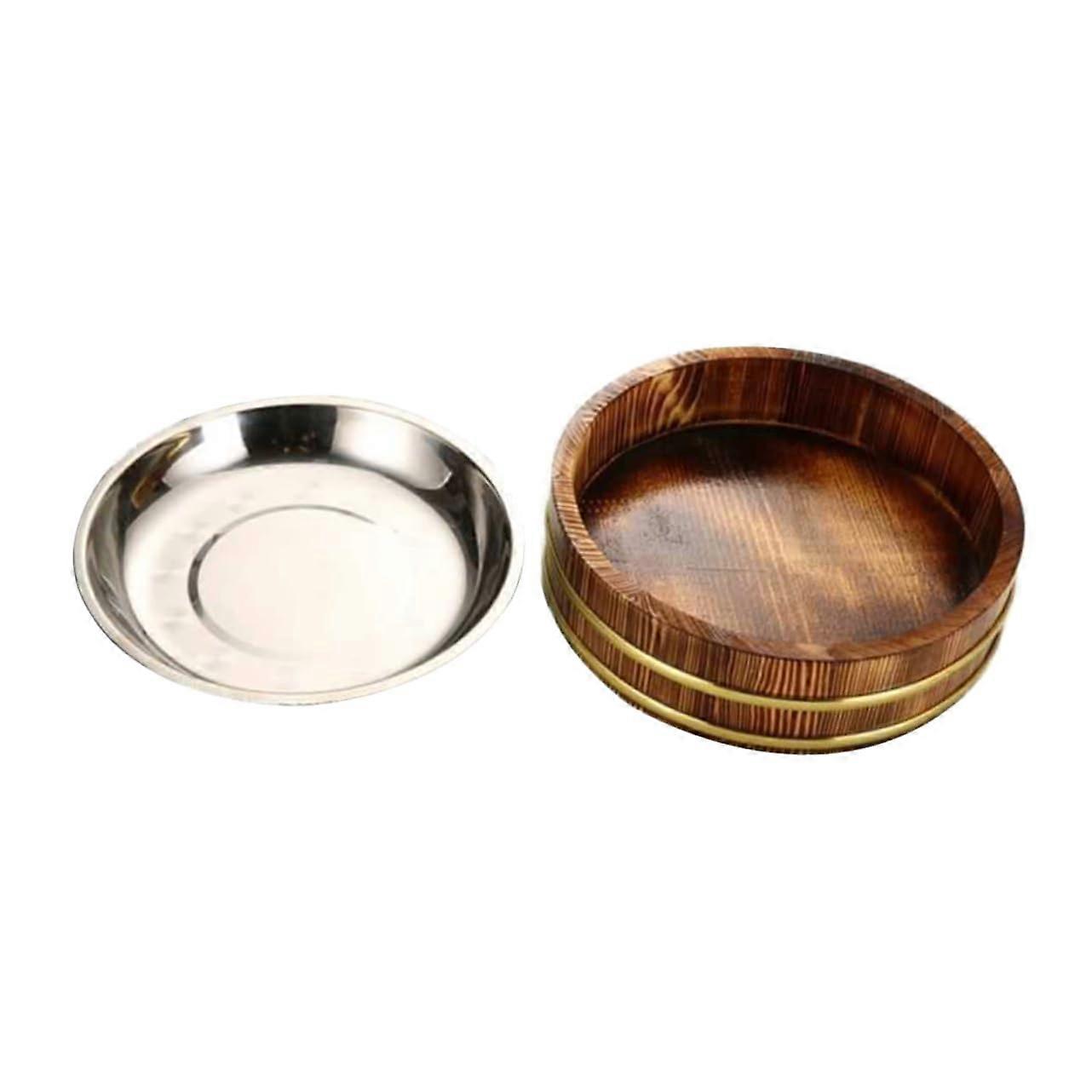 Wooden Sushi Rice Bucket with Serving Platter for Rustic Food Presentation and Kitchen Use