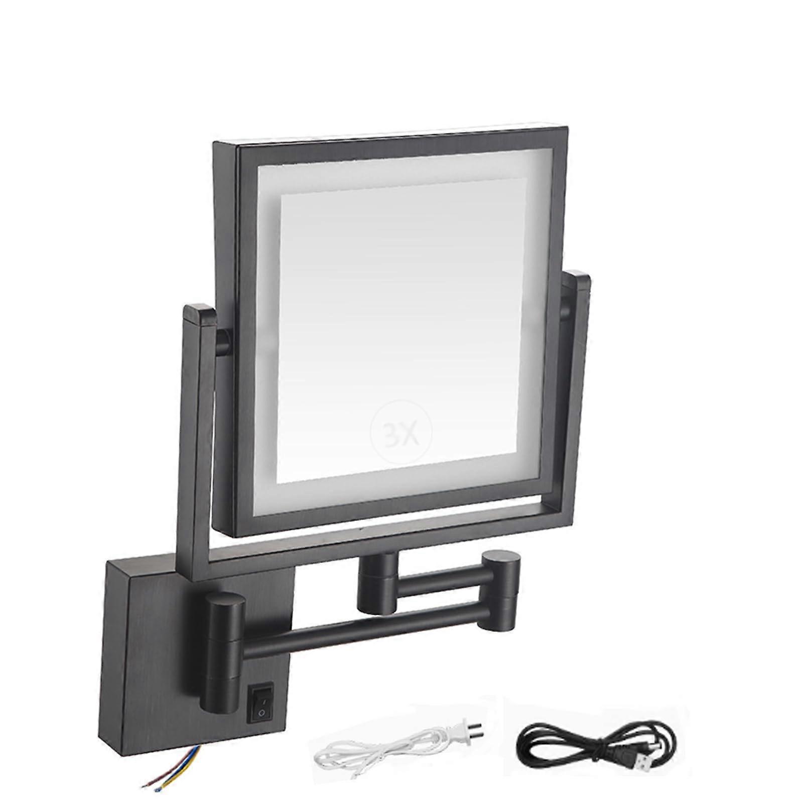 LED Wall Mounted Makeup Mirror with 3X Magnification, Double Sided Lighted Vanity Mirror, 360° Swivel Arm, USB or Hardwired, Black