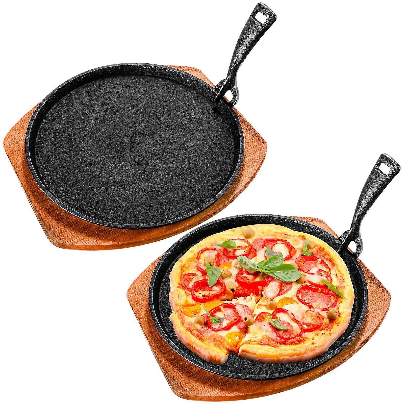 Set of 2 Cast Iron Fajita Pans with Wooden Base and Handle, Preseasoned Sizzling Steak Plates for Grilling Meat and Seafood
