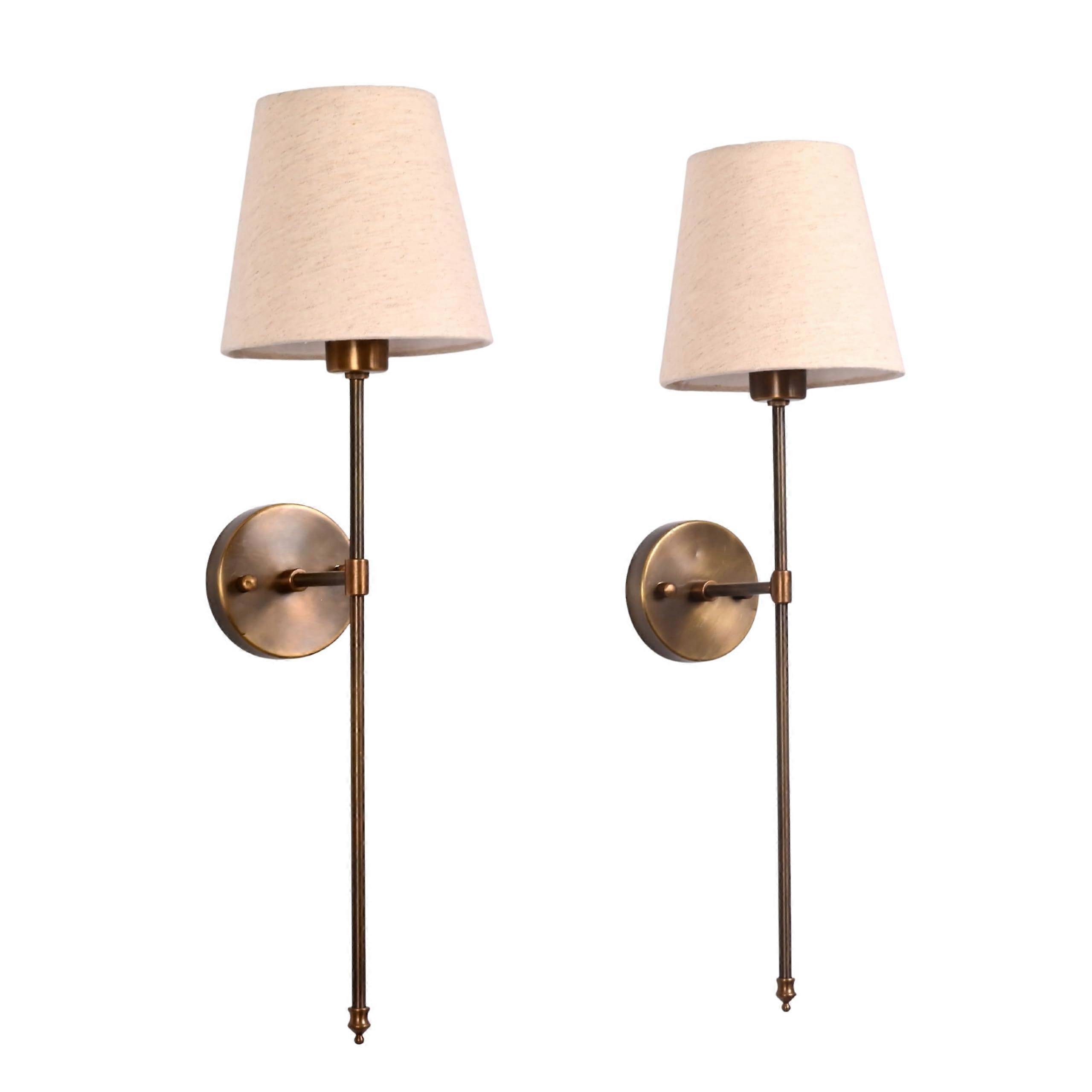 Set of 2 Solid Brass Wall Sconce Lights, 24Inch Vertical Design with Beige Fabric Shade, Hardwired