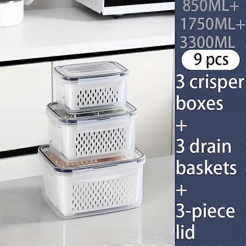 9-piece plastic food storage container set with drain baskets and lids - leak-proof, suitable for refrigerators, reusable