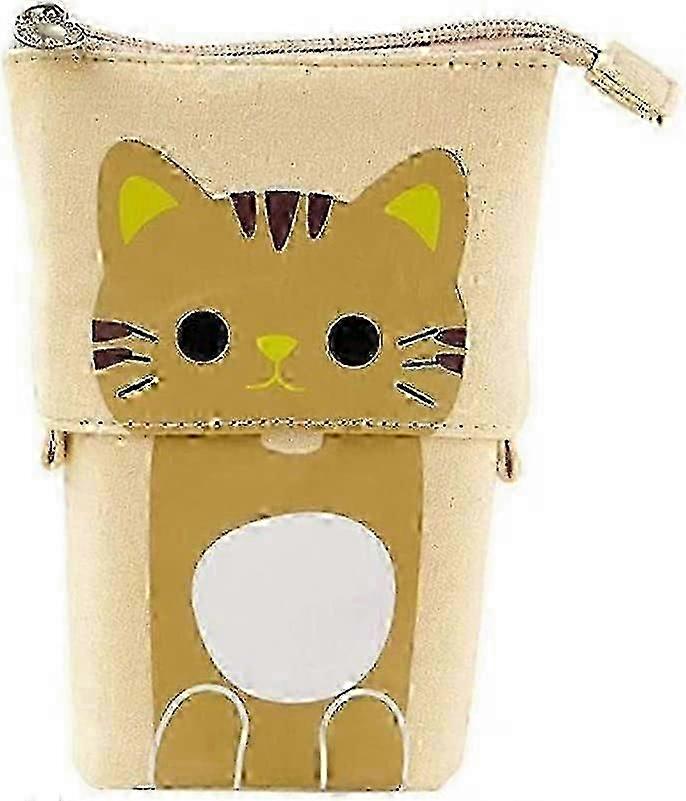Telescopic Canvas Pencil Cases,Cat Pattern Pencil Holder(Brown)