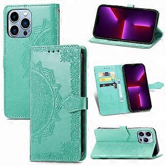 Case For Iphone 13 Pro Green Mandala Embossed Leather Flip Stylish Magnetic No12239