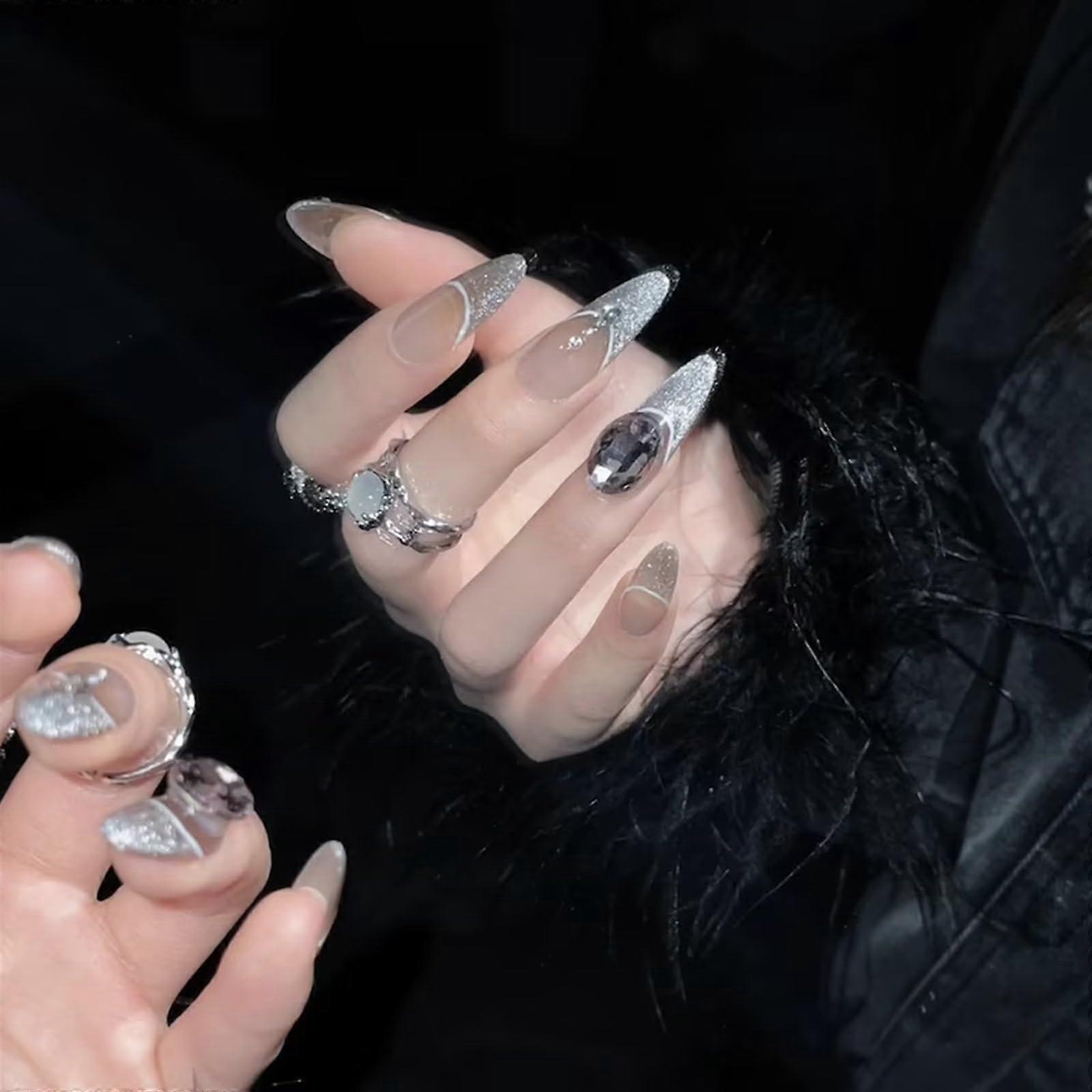 Handmade Press On Nails Cat's Eye Gel Effect Silver Nude Reusable False Nails Size L