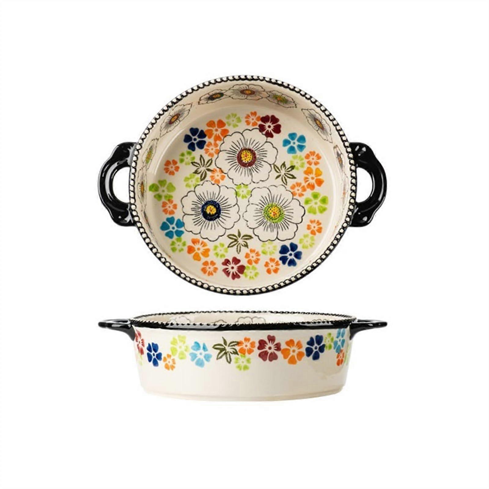 Large Capacity Ceramic Baking Dish with Handle, Oven Safe Vintage Underglaze Deep Plate 19cm