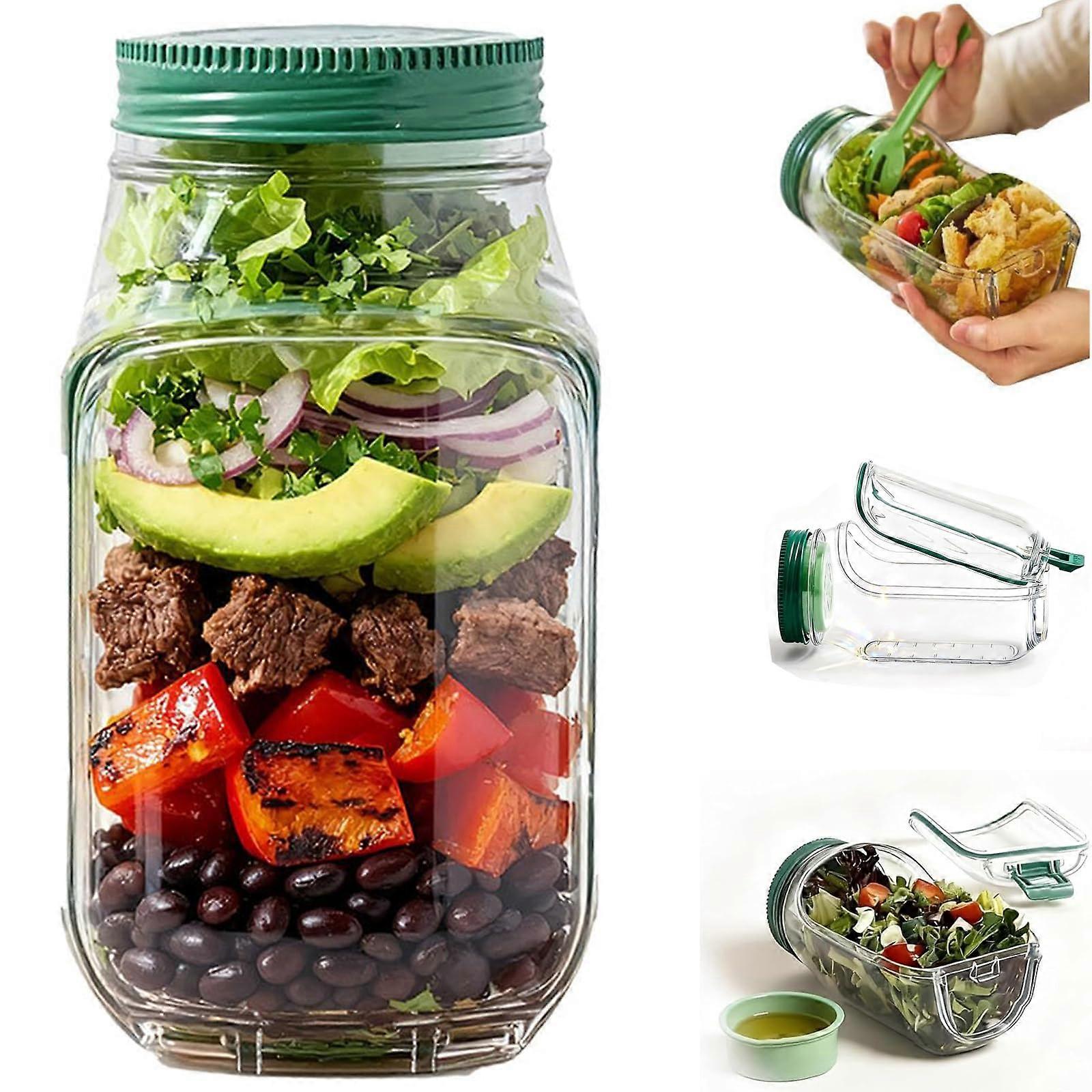 Salad Jar with Side Opening, Vertical Layered Mason Jar with Lid, Leakproof Meal Prep Container