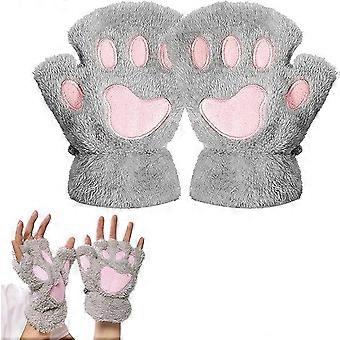 Fingerless gloves, fleece gloves, warm winter gloves, cute cat gloves (suitable for women and girls)
