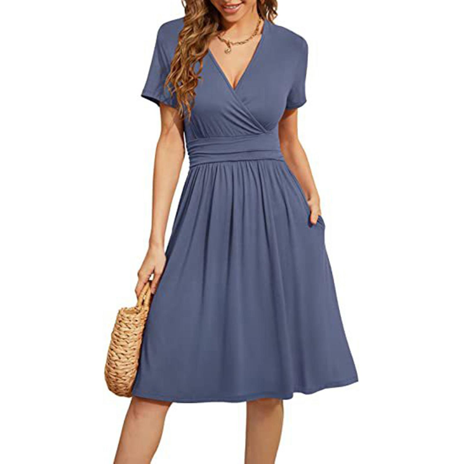 Robe d'été décontractée pour femmes avec poches col V manches courtes Midi Robe midi