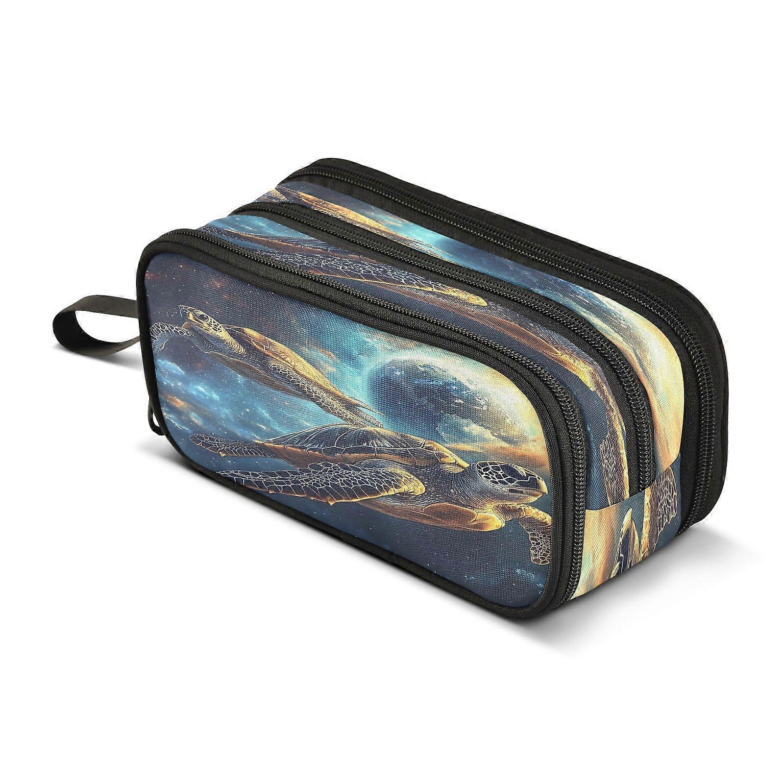 Large Capacity Three Compartment Pencil Case for School and Office with Turtle Design