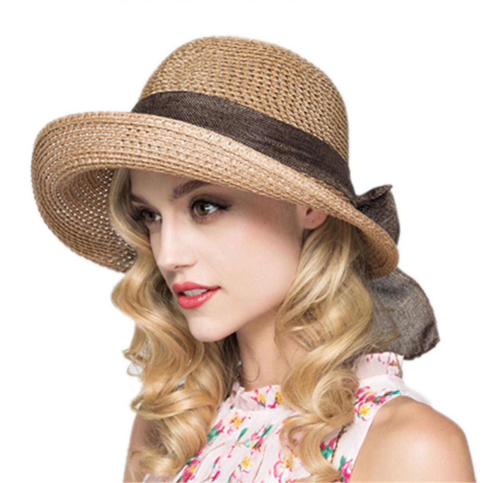 Summer Wide Brim Sun Hat Sunscreen Cap Bow Foldable Solid Color Straw Hat