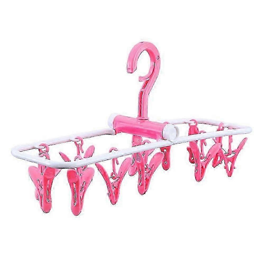 Foldable Windproof Laundry Drying Rack with 12 Clips for Dry Use Pink