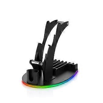 Soporte de escritorio para PS5 (2026) con luces RGB para auriculares, mando, control remoto y discos.
