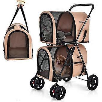 Dog stroller with 2 tiers, featuring mesh windows and cup holders. Pet stroller suitable for up to 16 kg. Cat stroller for 2 small dogs or cats. Dog stroller and trailer.