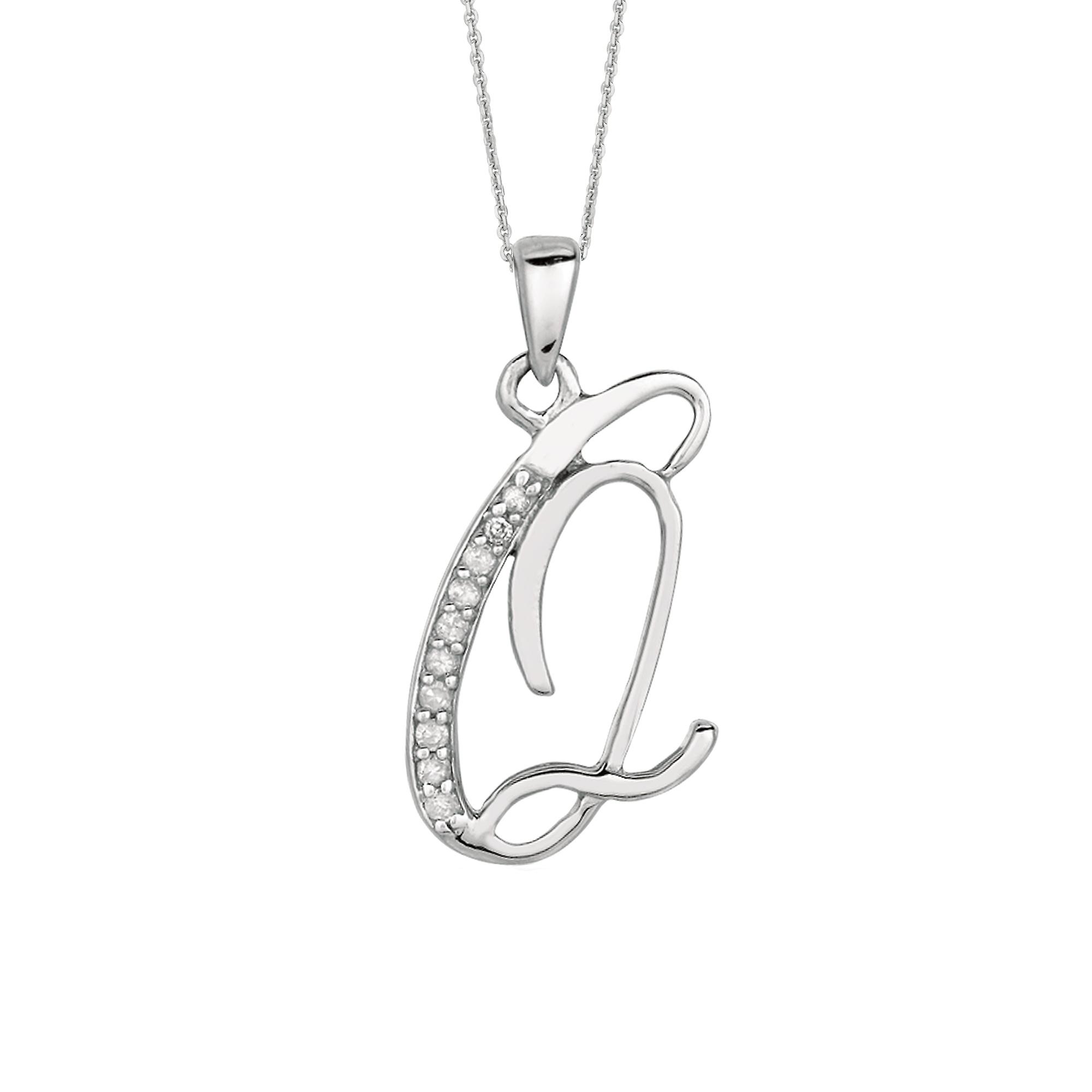 Sterling Silver Rhodium Plated Script Initial Letter Q With Diamonds On 18 Inch Chain ( 0.05 Tcw)