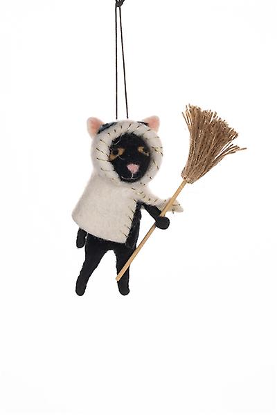 Shoeless Joe Felt Cat with Broom and Cape Halloween Decoration