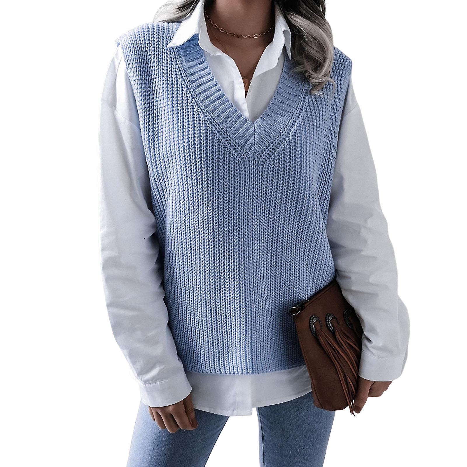 Women V Neck Sweater Vest Solid Color Jumpers Pullovers