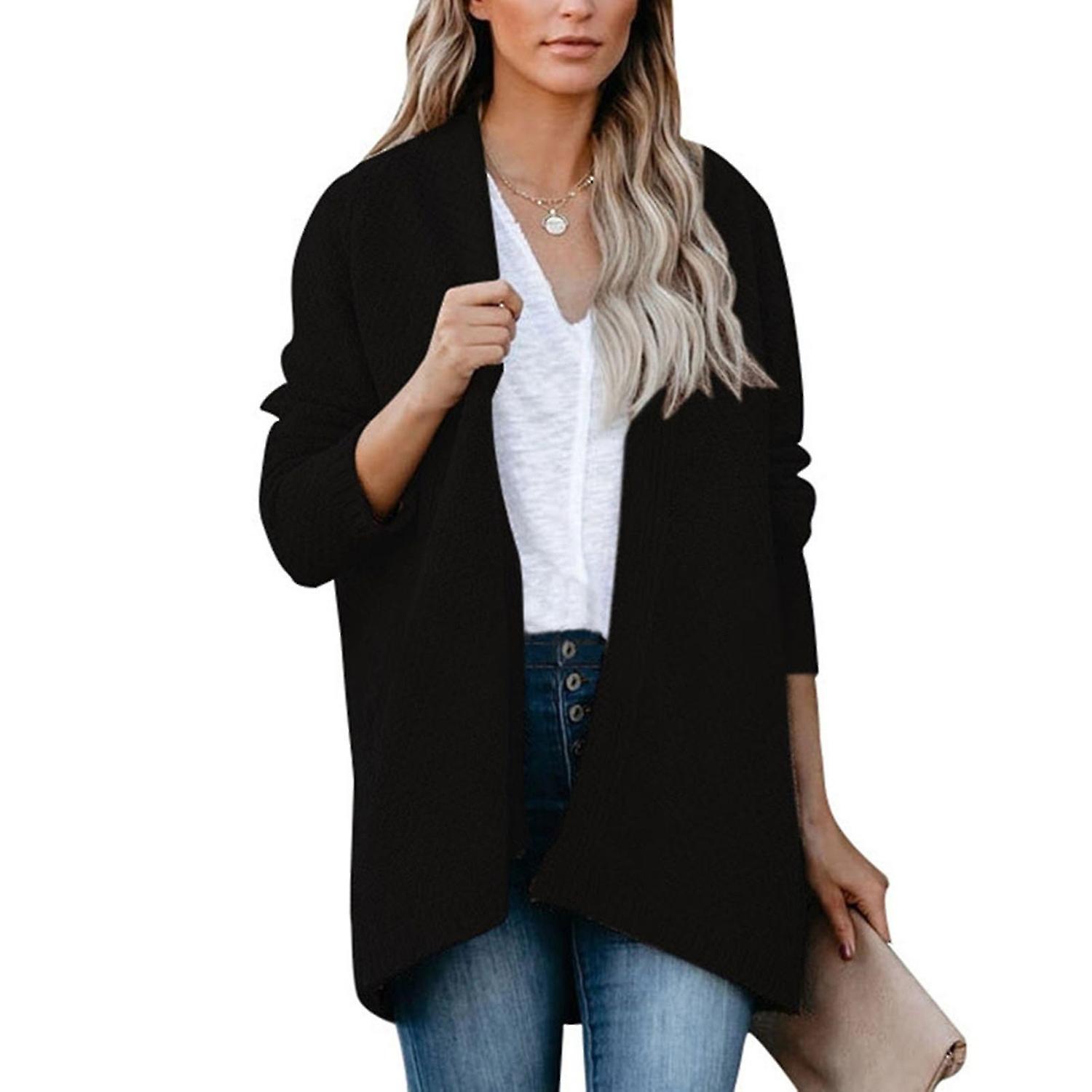 Women\'s Sweater Solid Knitted Cardigan With Pocket Medium Length Open Front Long