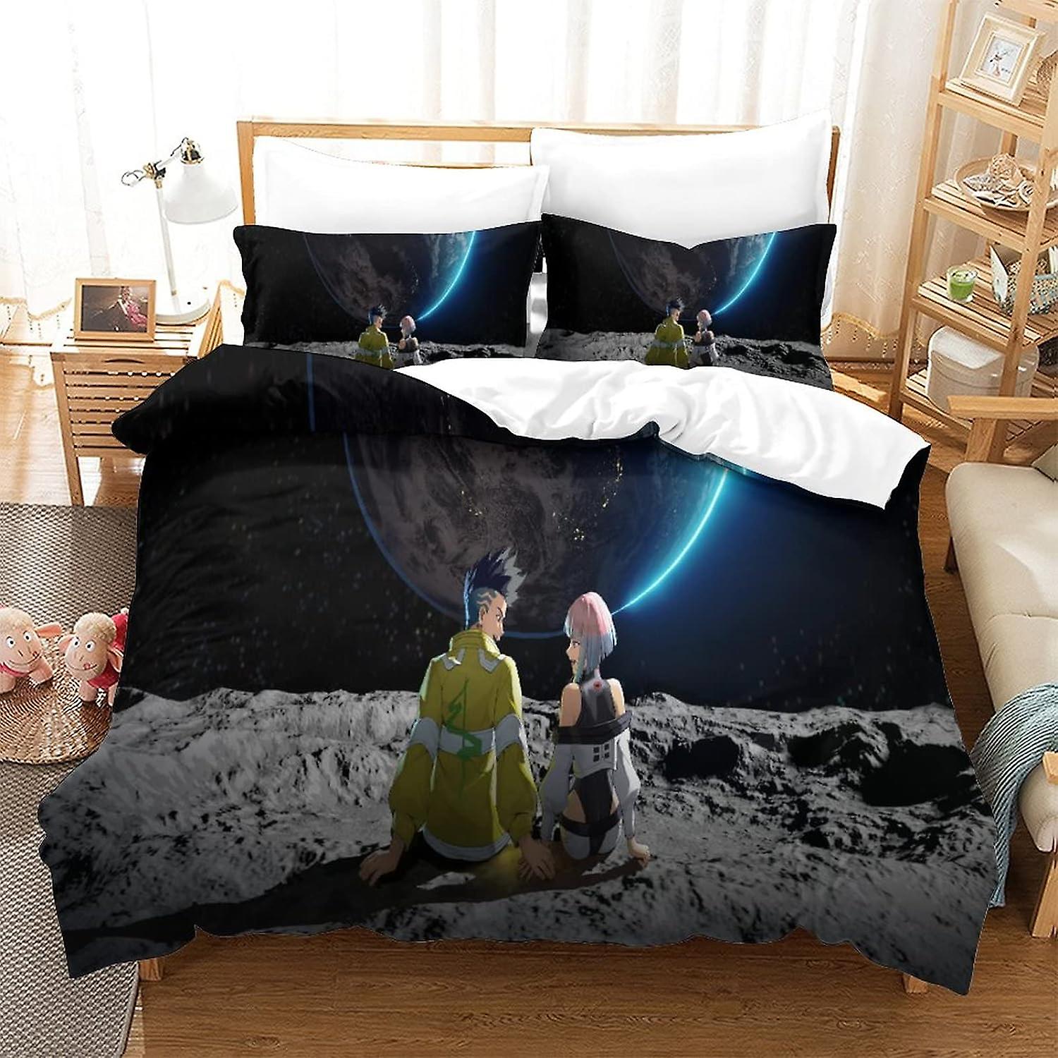 Cyberpunk Edgerunners Housse de couette Ensemble Literie Couette David Et Lucy Housse Ensemble avec Shames Ensembles De Literie De Noël En Microfibre Douce Avec Fermeture Éclair 3PCs Double