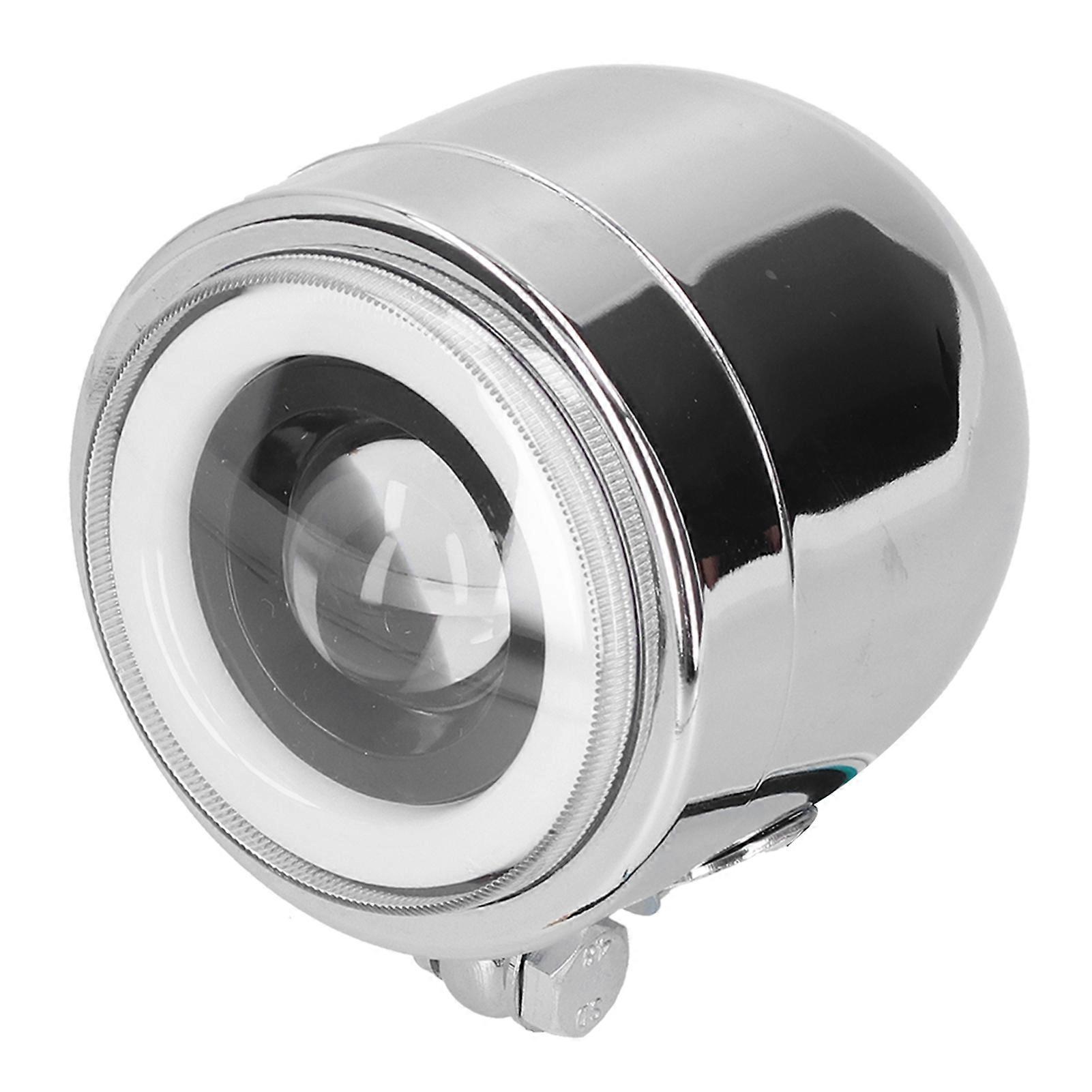 Universal 4.25in LED Headlamp Round Angel Eyes High Low Beam Retro Motorcycle DRL Chromeplate ShellWhite Light E2U412