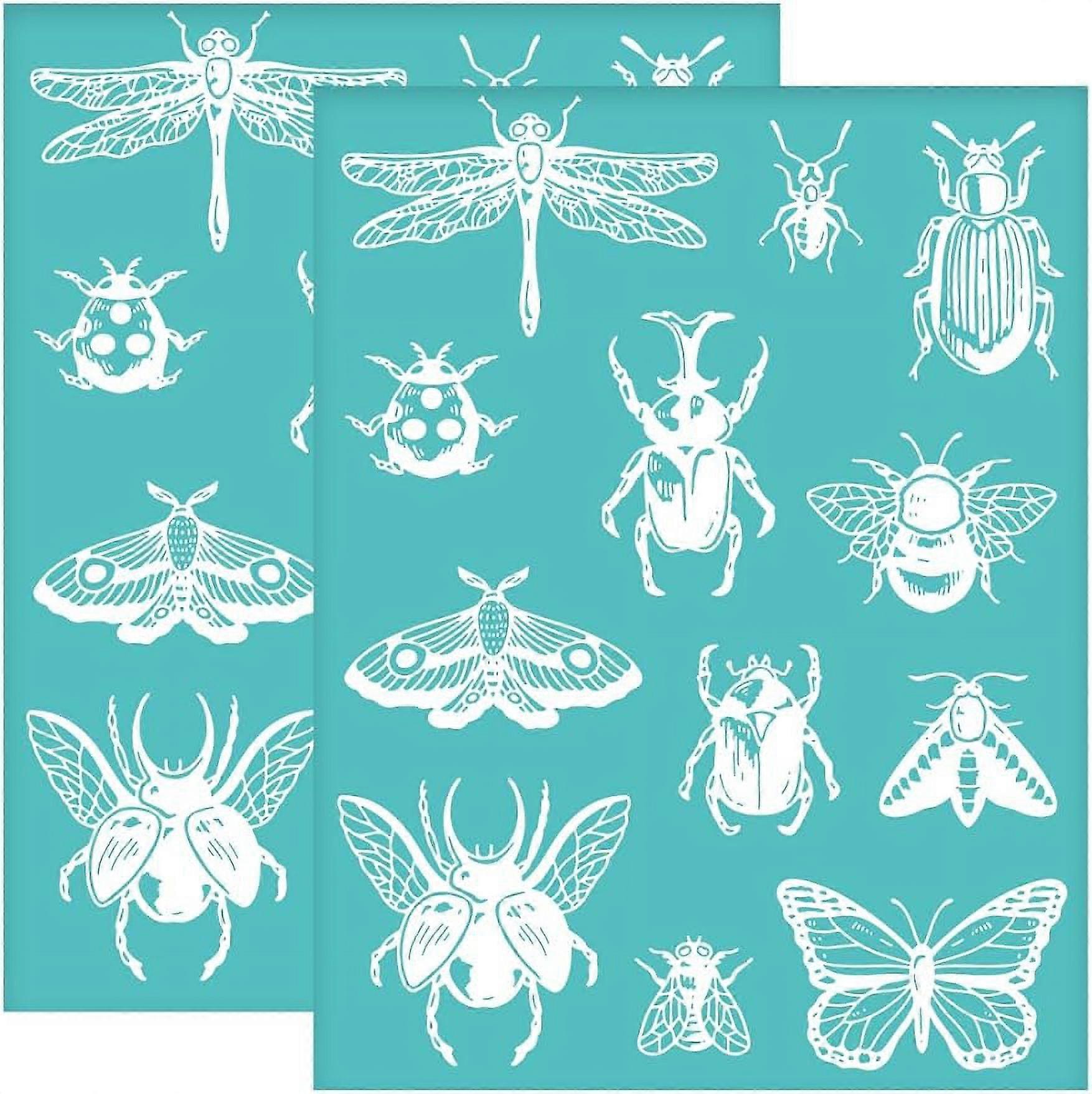2Pcs 8.6x11 Inch Insect Self-Adhesive Silk Screen Printing Stencil Dragonfly Butterfly Silk Screen Stencil Moth Bee Reusable Mesh Stencils Transfer fo