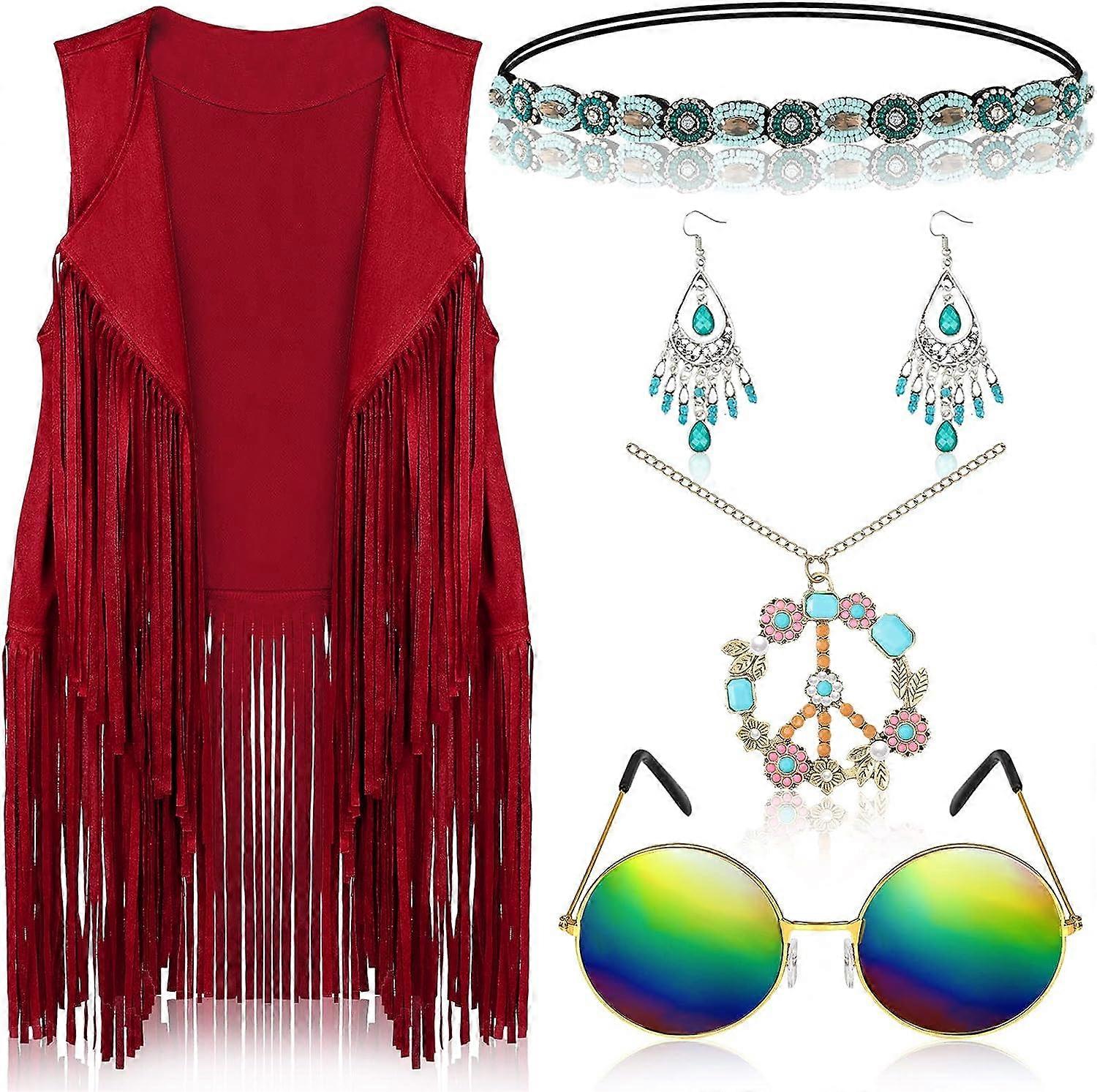 6 kpl 60-luvun 70-luvun asut naisille Hippipukuasusteet Hapsuliivi Aurinkolasit Kaulakorut Korvakoru Pääpanta