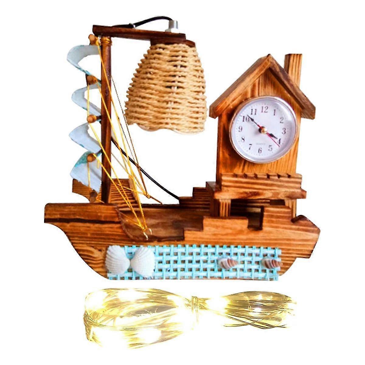 Sailboat Woodiness Lamp Clock With A Clock With Warming Light Strings Multi-functional Electronic Clock Blue