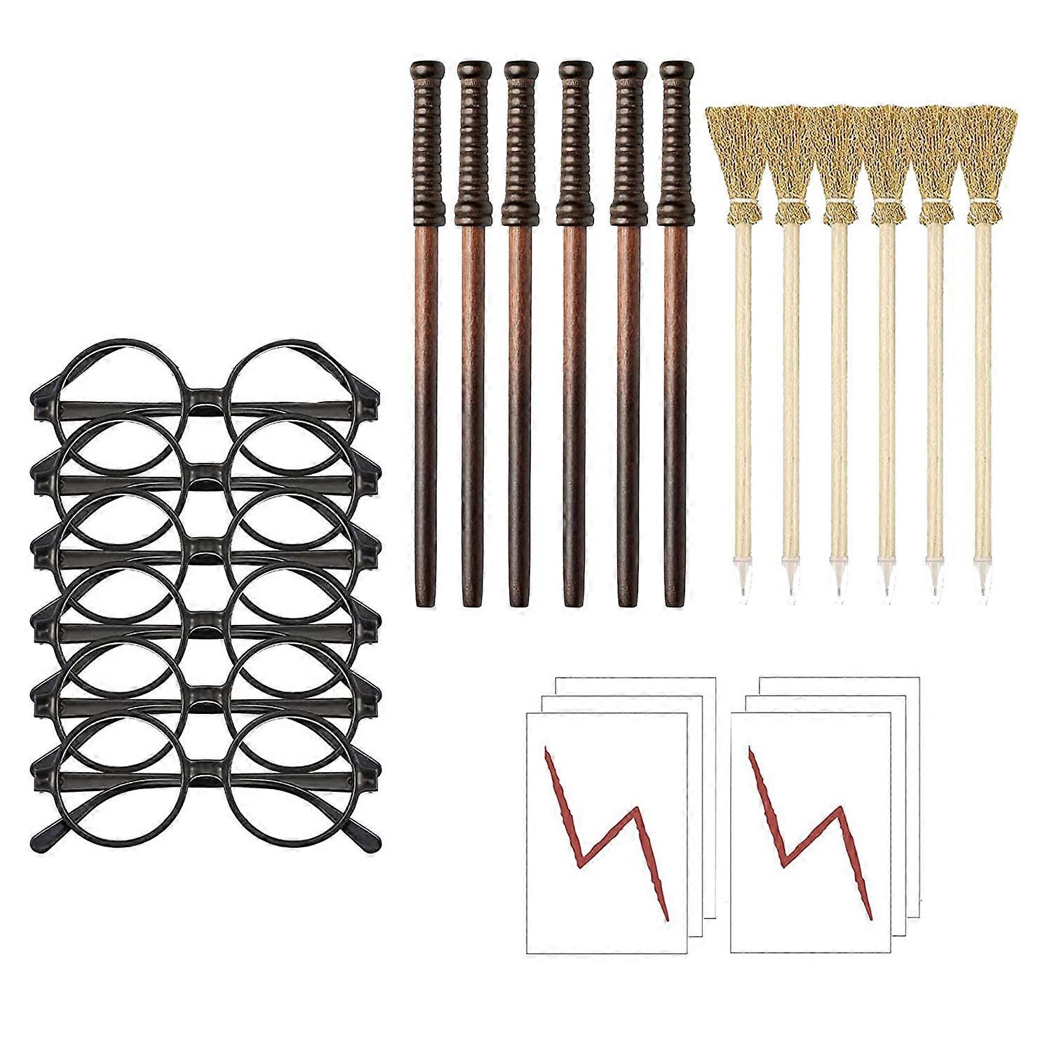 24Piece Broom Pencil Wand Pencils Tattoo Stickers Glasses with Round Frame No Lenses for Birthday T