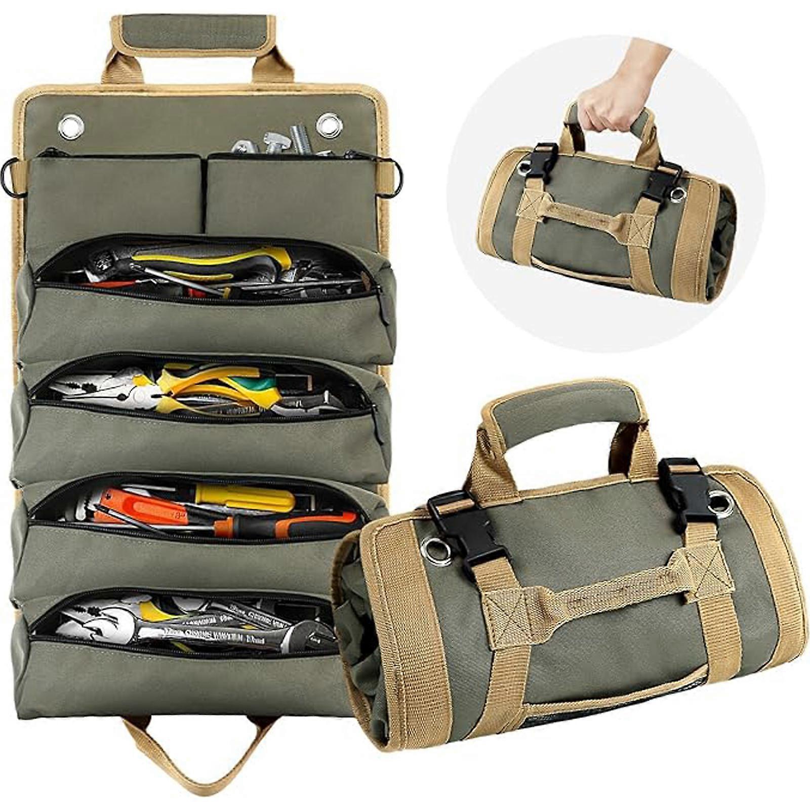Heavy Duty Roll Up Tool Bag Organizer, Portable Visible Tool Storage Bag with 2 Detachable Tool Pouch,100% New