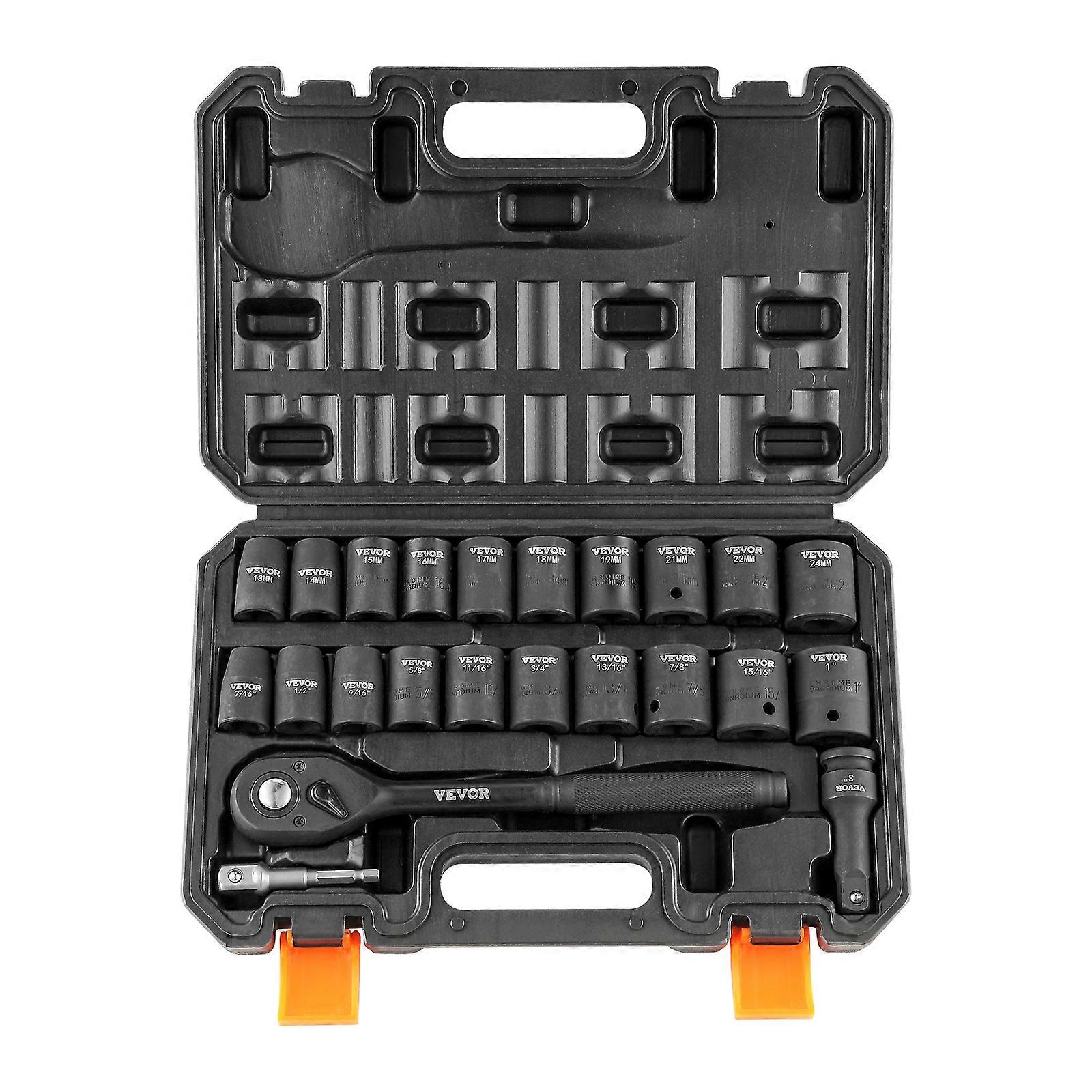 1/2" Drive Impact Socket Set, 23 Piece Socket Set SAE 7/16" -1"&; Metrisk 13-24mm6 punkt Cr-V legering stål for automatisk reparasjon
