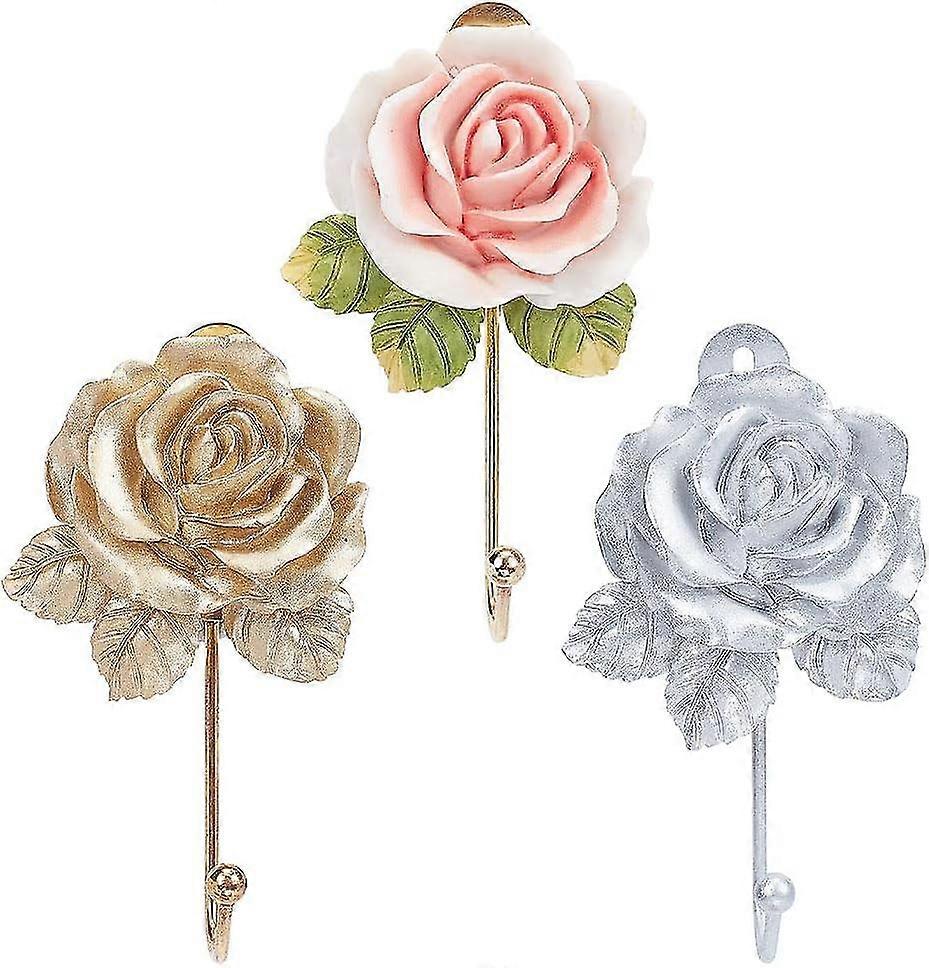 3 Resin Flower Wall Hooks (3 Colours), Decorative Robe Hooks, Beautiful Rose Shaped Hooks For Hanging Scarf Bags, Coats, Keys, Towels, Handbags, Hats.