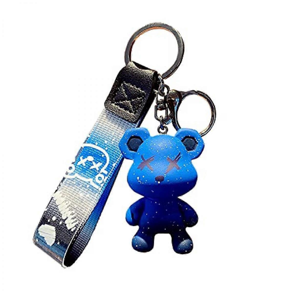 かわいい色が変わるクマ樹脂キーホルダークリエイティブPVC編組ベルト漫画動物バッグペンダント車のキーペンダントメタルキーホルダー男性女性男の子女の子-青
