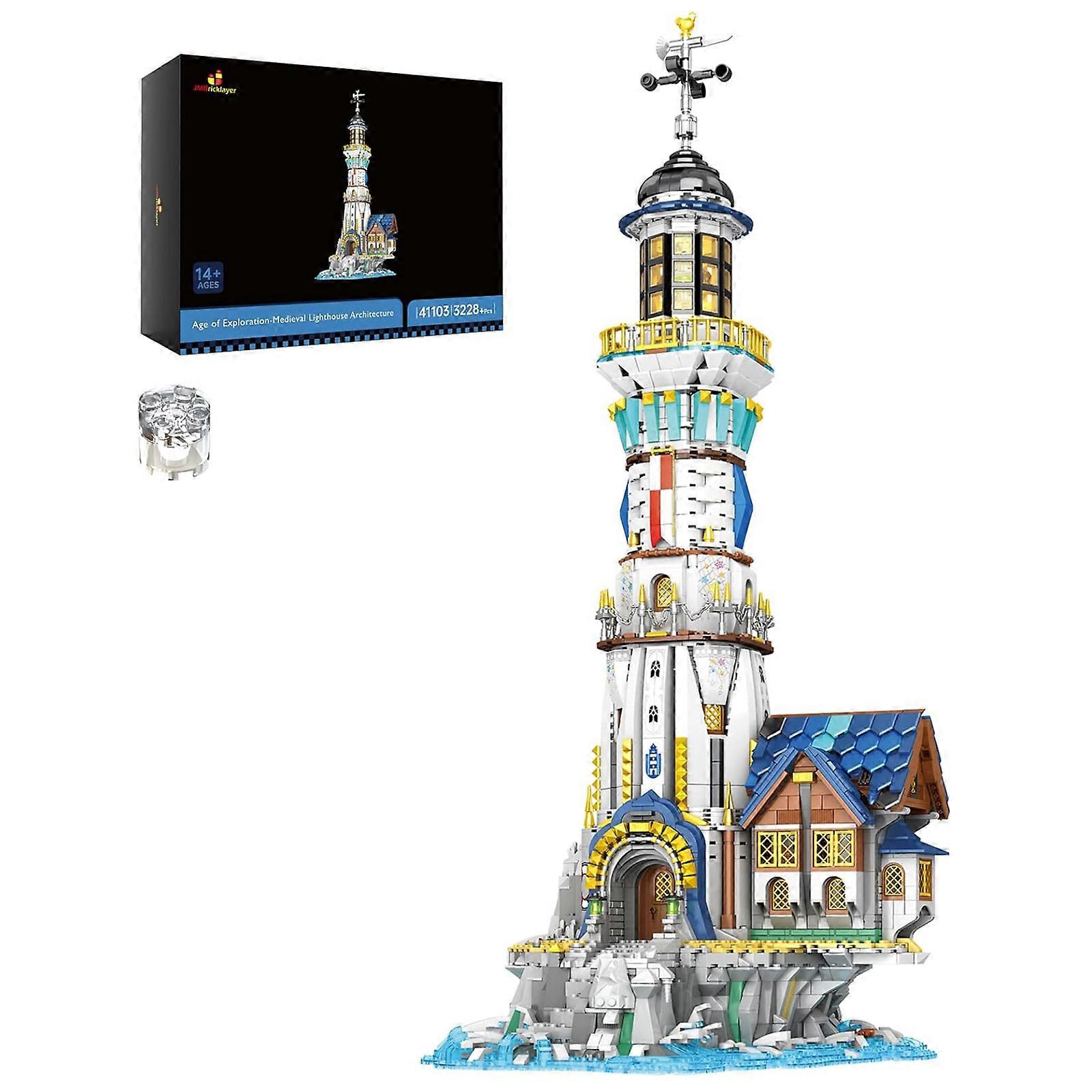 JMBricklayer Medieval Lighthouse Building Sets for Adults, Castle House Model Kit with LED Light, Street View Construction Toys Display, Ideas Gifts f