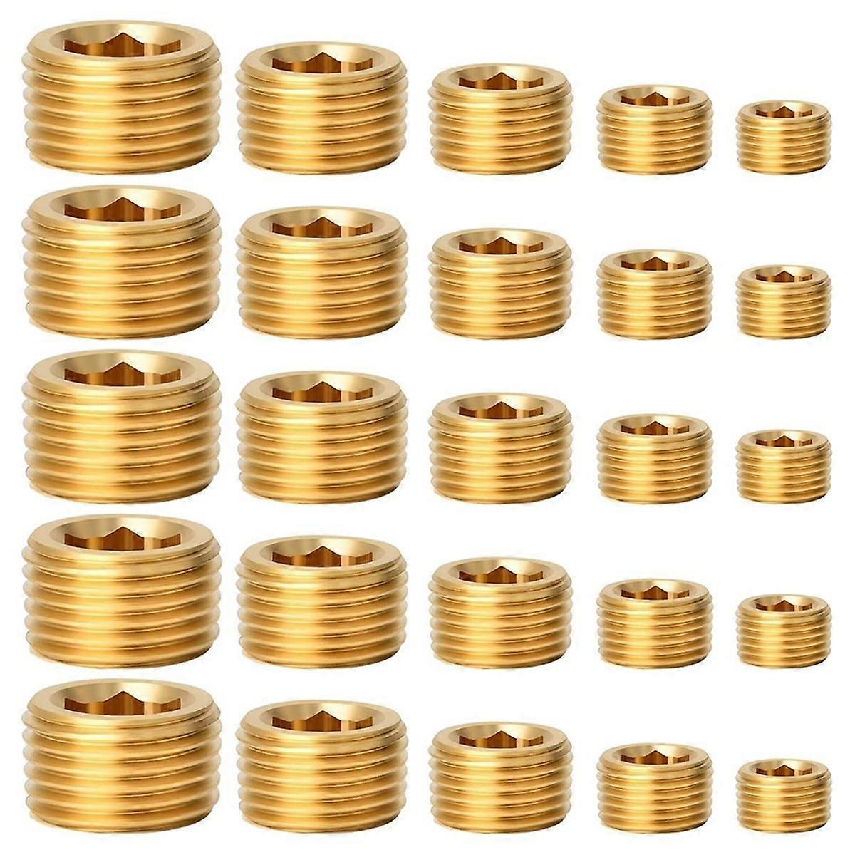 25Pcs Brass Pipe Plug Fitting,1/8 1/4 3/8 1/2 3/4Inch Male Internal Hex Thread Socket Pipe Plug Fitting Assortment Kit,C