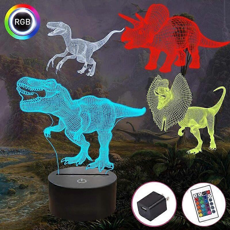 Dinosaur Bedside Lamp, 3D Hologram Night Light for Kids (4 Patterns) with Remote Control 16 Color Changing Functions