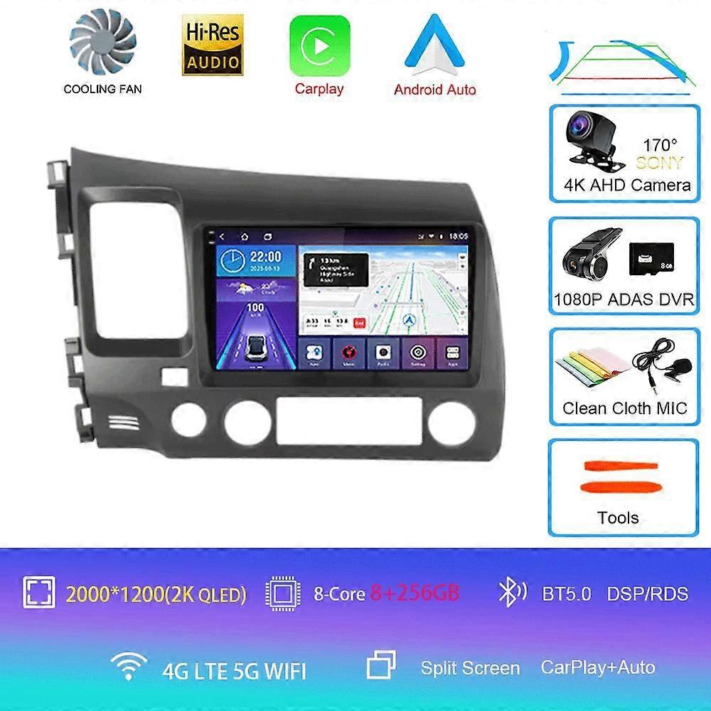 Autoradio Radio F9" Android 14 Carplay Oder Honda Civic 8 2005 - 2012 Multimedia Player Navigation Gps 2 Din 4g Wifi Audio Dvd