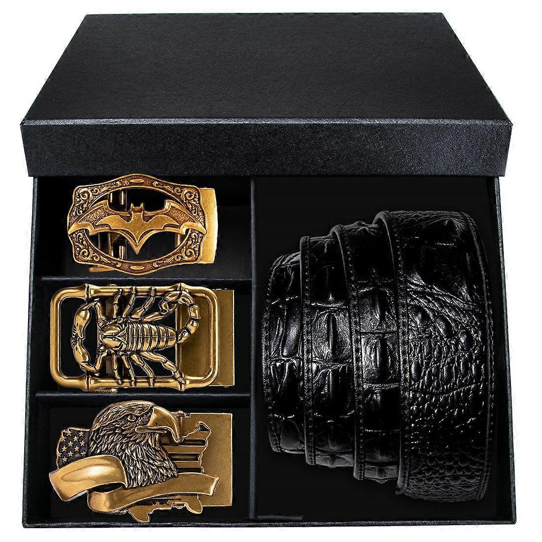 Men Classic Crocodile Straps Black Brown Belt with 3 Gold Automatic Buckle Belt Boxed for Mens Gifts