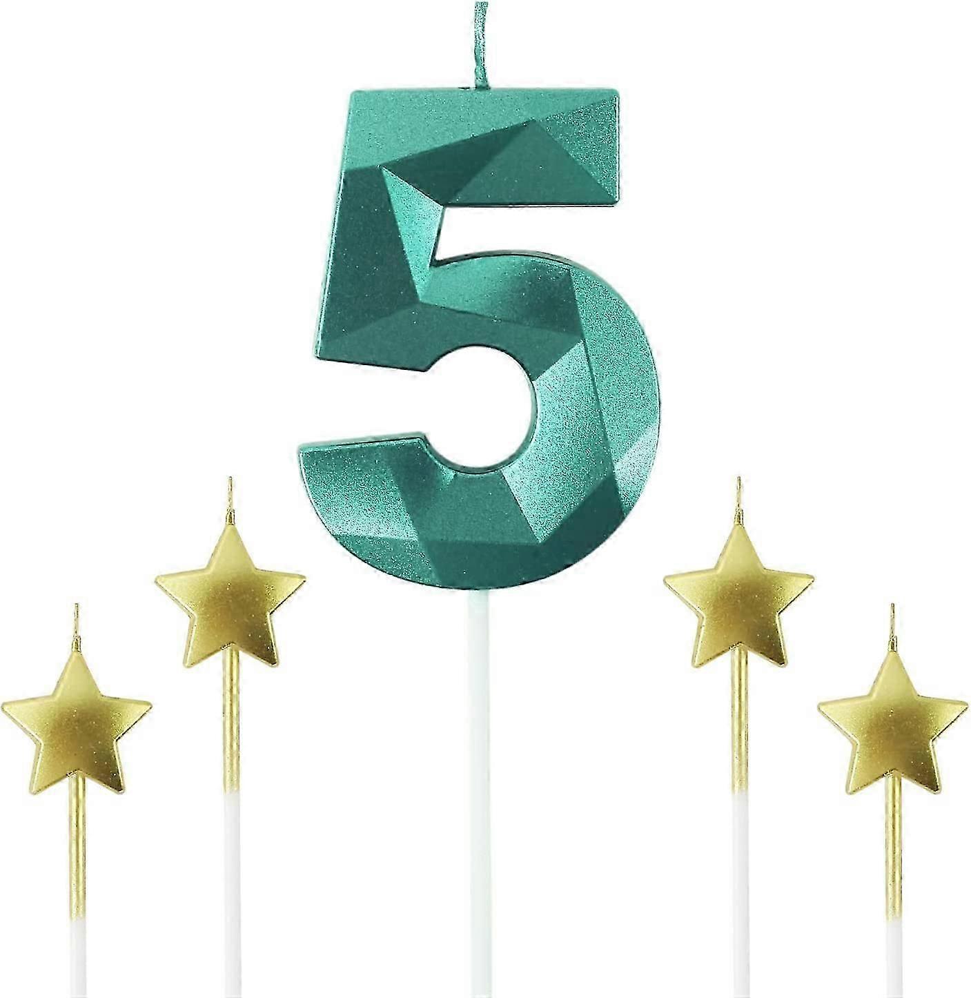 Vihreä numero 5 syntymäpäiväkynttilät ja tähtisynttärikynttilät 2.76 tuuman syntymäpäiväkakkukynttilät 3D-timantinmuotoiset kynttilät sopivat syntymäpäiväjuhliin