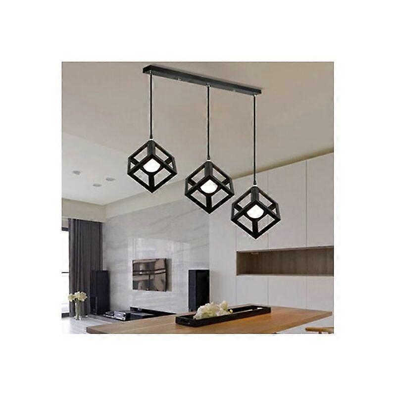 Pendant Lamp Ceiling Light Cube Light Fixture 3 Lamps, Chandelier Lampshade with Socket E27 Lighting Wall Lamp Black