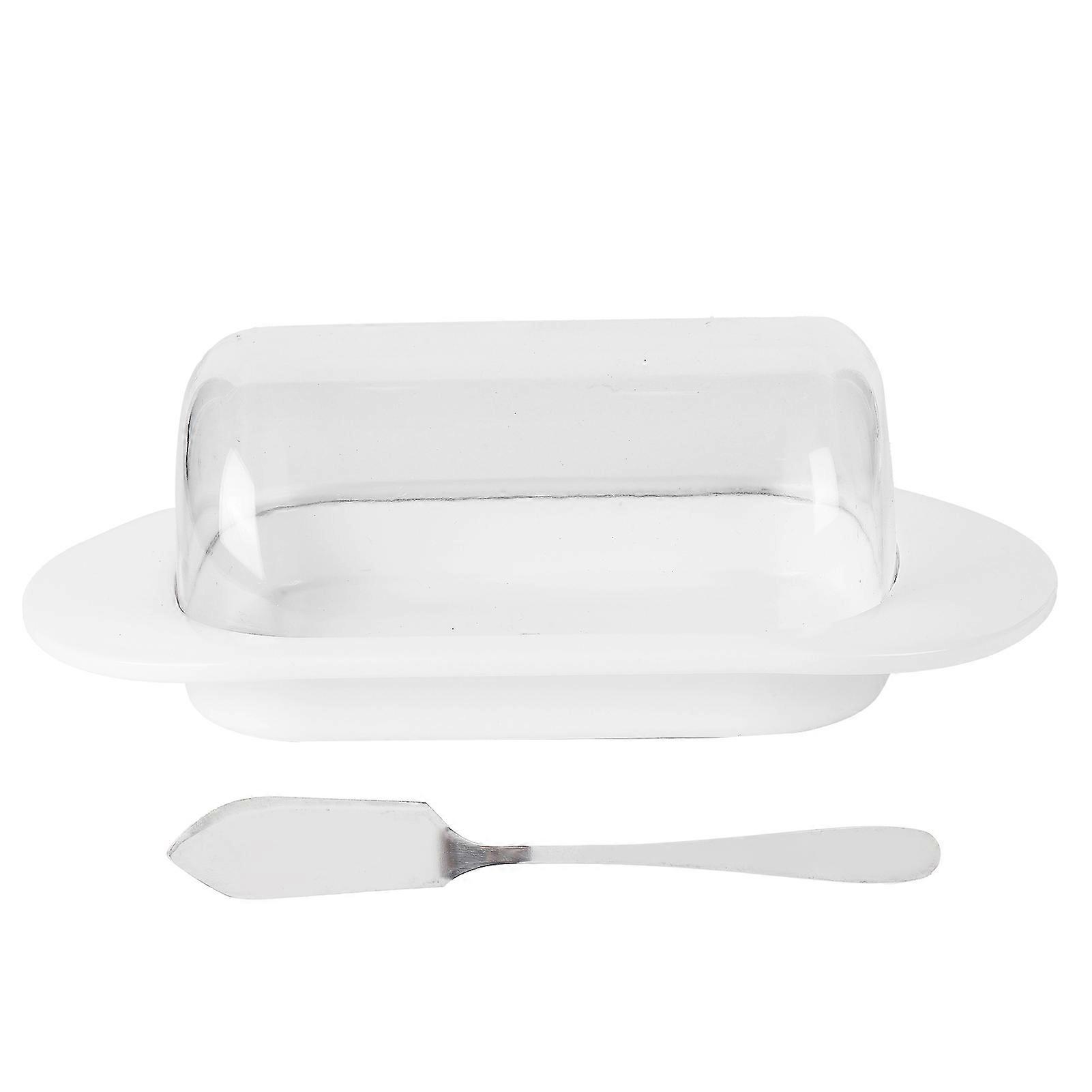 Round Edge Plastic Butter Storage Box With Transparent Cover Knife For Cheese Dessert Bread Server