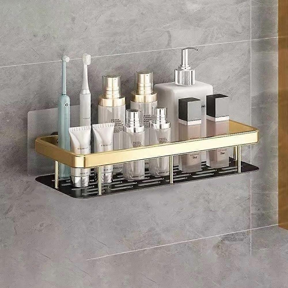 Bathroom Aluminum Shelf Shower No Drill Wall Mounted Organizer Rectangular Storage Rack-Black+Gold