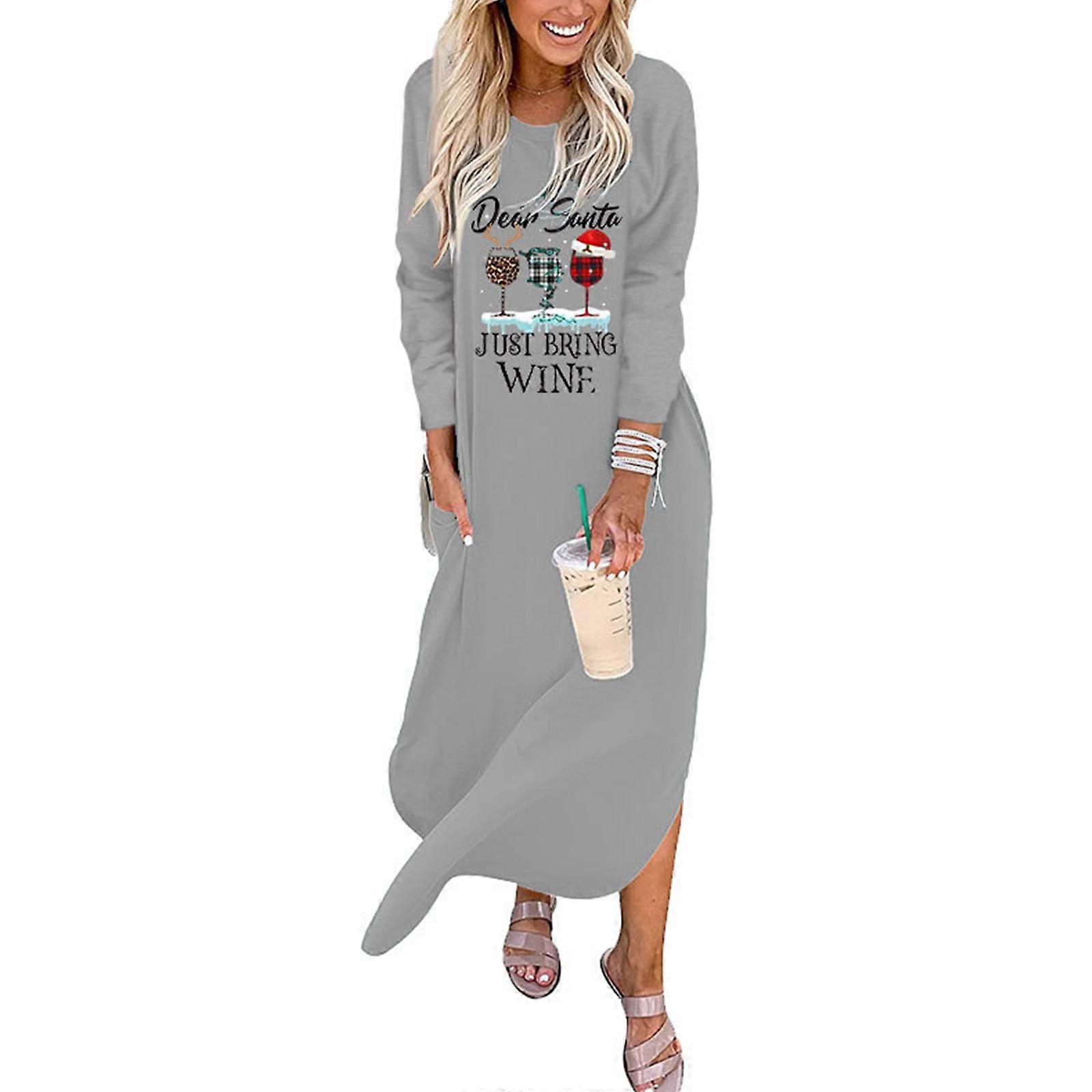 Women's Fall Winter Maxi Dress Long Sleeve Crew Neck Christmas Dresses  Casual Loose Split Long Dresses with Pockets light grey XL
